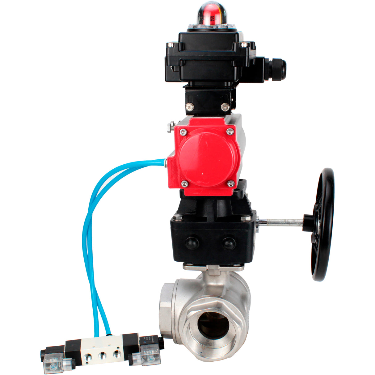 Ball valves Elephant BV3232P(4pc)-SP-3WL-T-ISO-H,  body material - Stainless steel AISI 316, seal - PTFE / PTFE / Teflon, with pneumatic actuator double action PA-DA, 4V320-08 220V, LSU APL-410N Ex, handwheel MON
