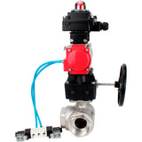 Ball valves Elephant BV3232P(4pc)-SP-3WL-T-ISO-H,  body material - Stainless steel AISI 316, seal - PTFE / PTFE / Teflon, with pneumatic actuator double action PA-DA, 4V320-08 220V, LSU APL-410N Ex, handwheel MON