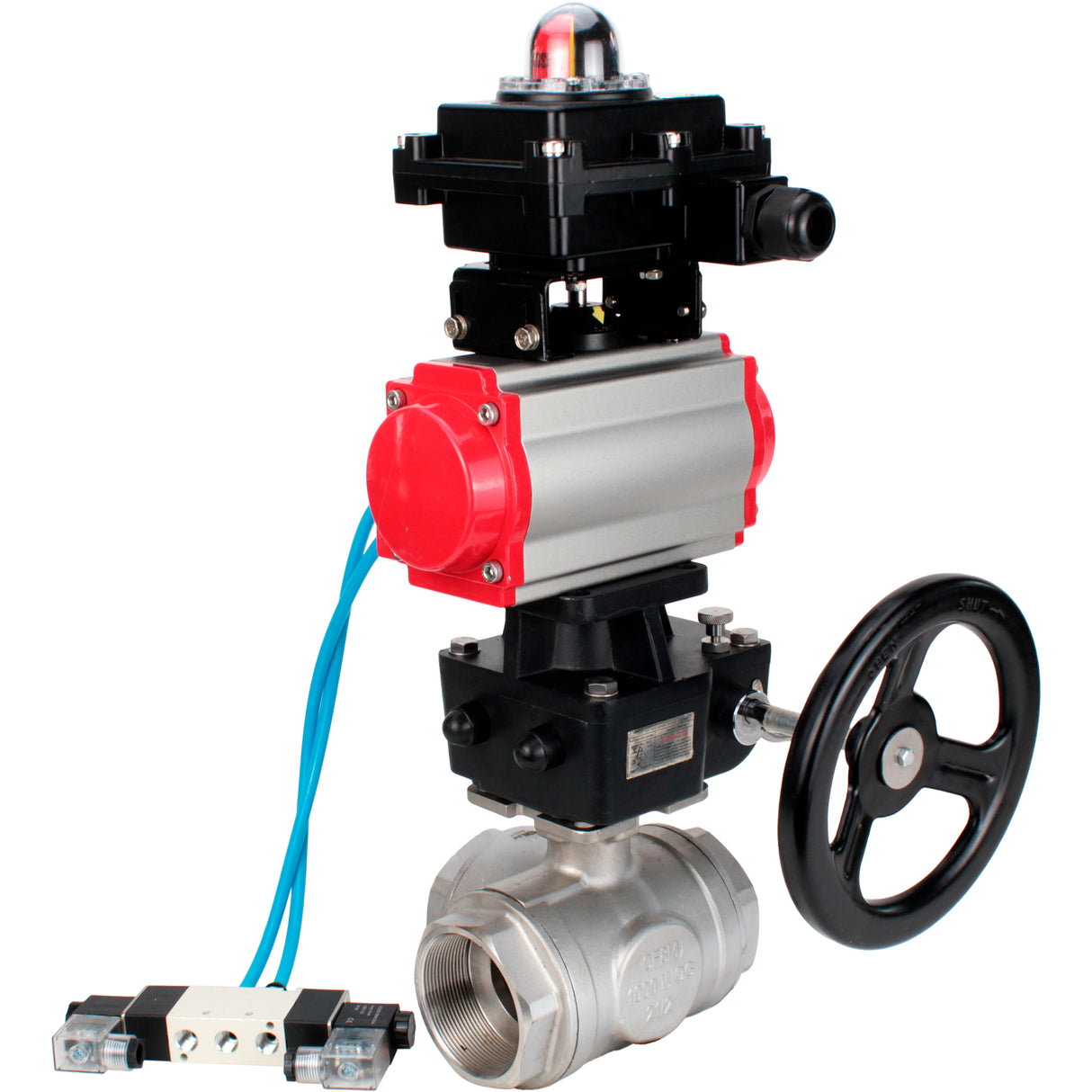 Ball valves Elephant BV3232P(4pc)-SP-3WL-T-ISO-H,  body material - Stainless steel AISI 316, seal - PTFE / PTFE / Teflon, with pneumatic actuator double action PA-DA, 4V320-08 220V, LSU APL-410N Ex, handwheel MON