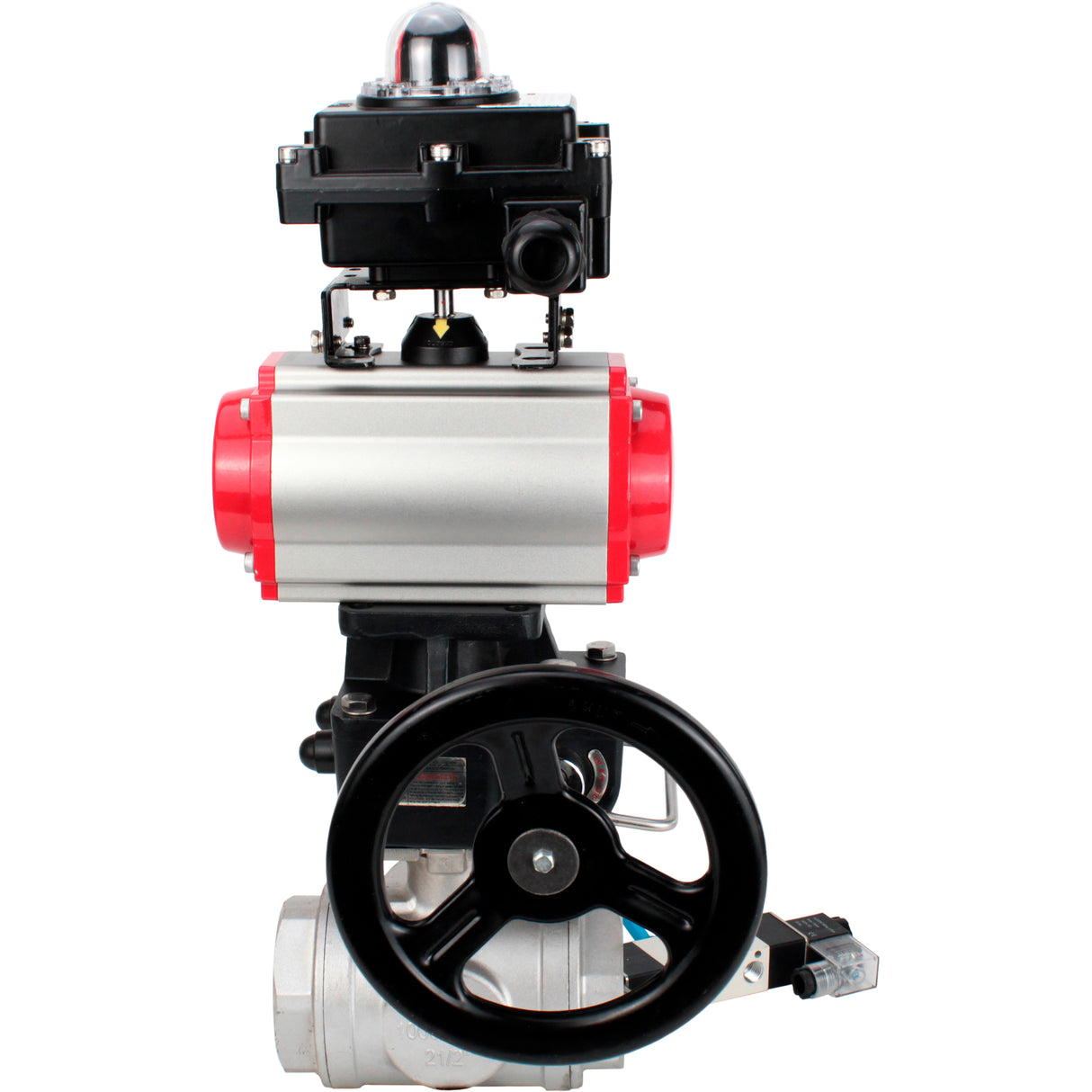 Ball valves Elephant BV3232P(4pc)-SP-3WL-T-ISO-H,  body material - Stainless steel AISI 316, seal - PTFE / PTFE / Teflon, with pneumatic actuator double action PA-DA, 4V320-08 220V, LSU APL-410N Ex, handwheel MON