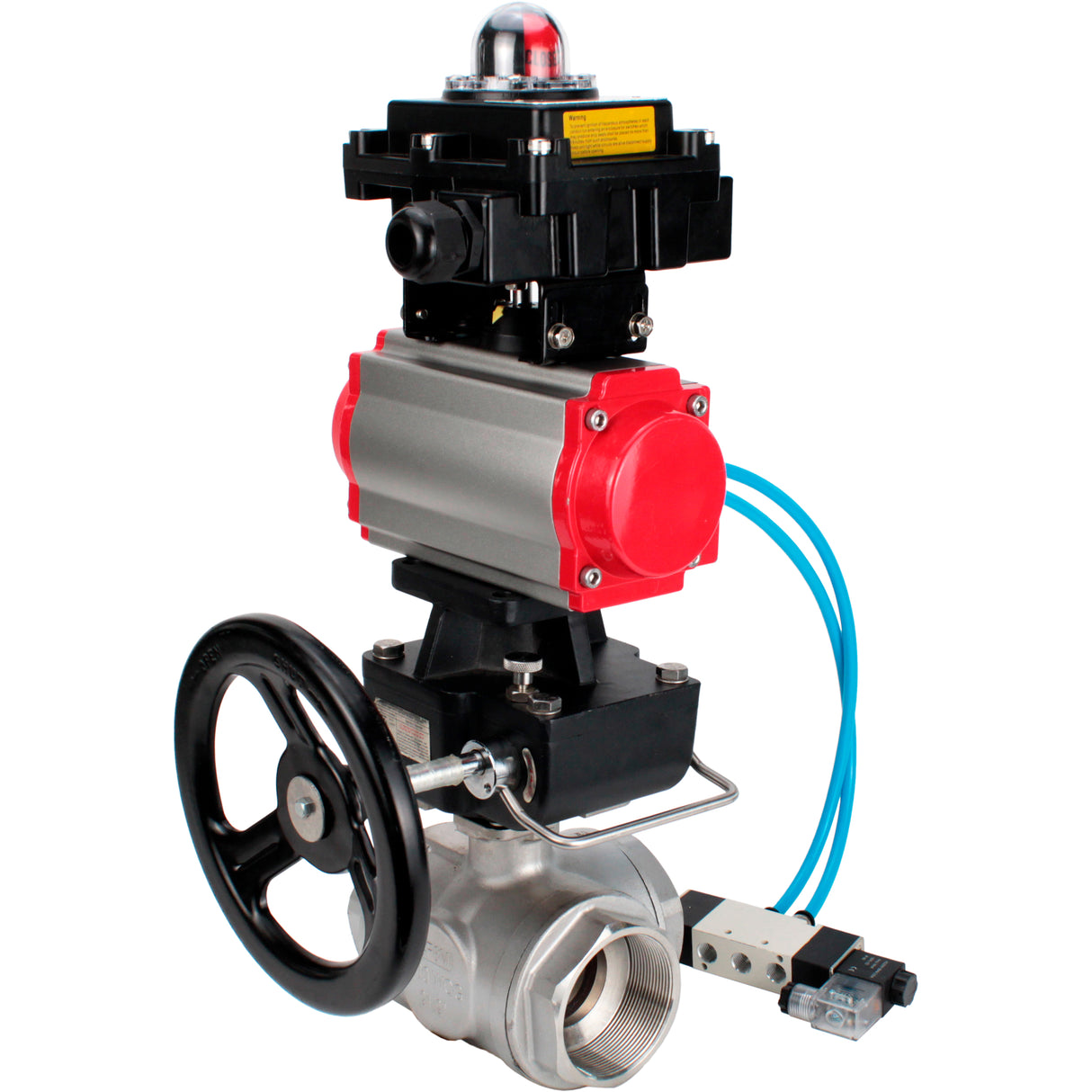 Ball valves Elephant BV3232P(4pc)-SP-3WL-T-ISO-H,  body material - Stainless steel AISI 316, seal - PTFE / PTFE / Teflon, with pneumatic actuator double action PA-DA, 4V320-08 220V, LSU APL-410N Ex, handwheel MON