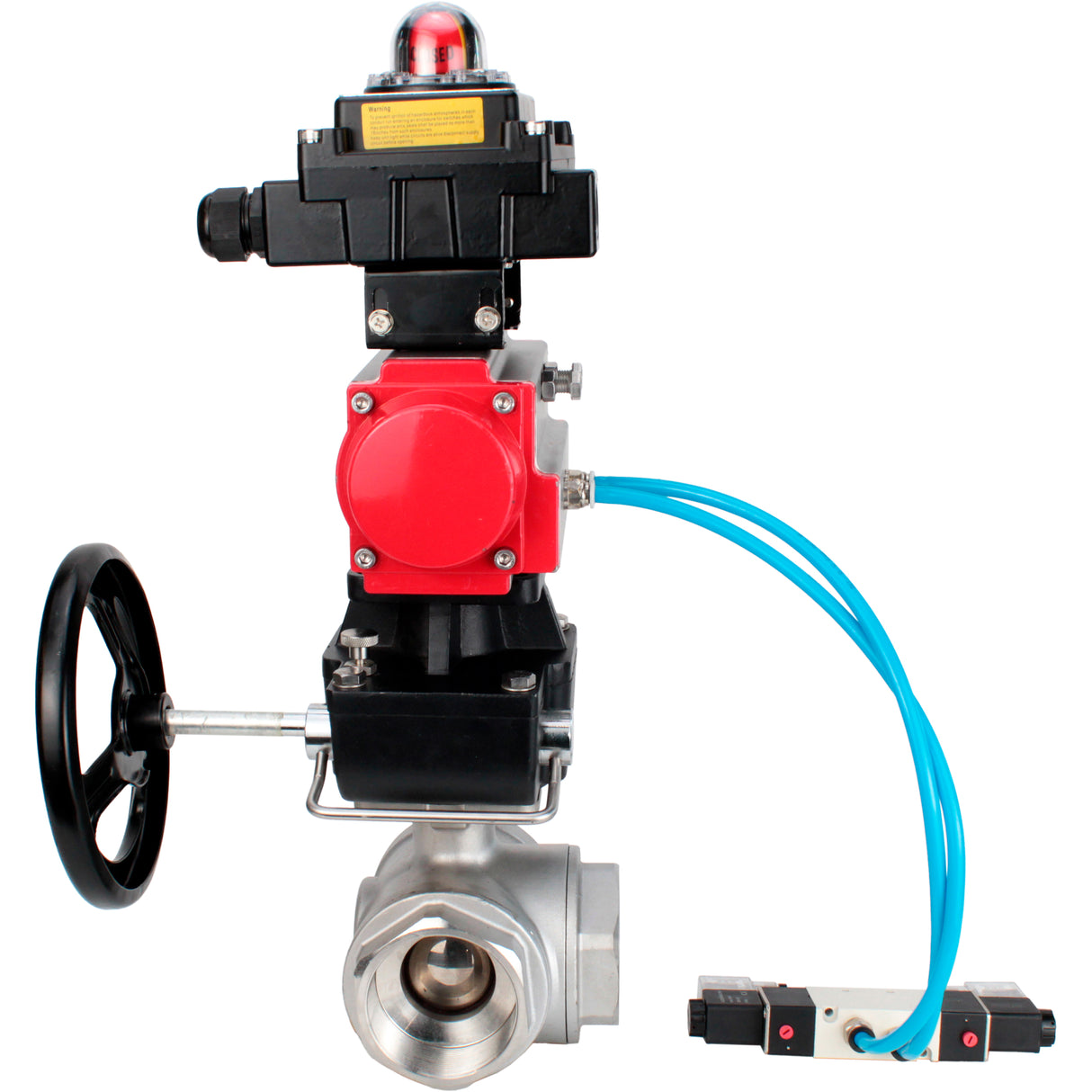 Ball valves Elephant BV3232P(4pc)-SP-3WL-T-ISO-H,  body material - Stainless steel AISI 316, seal - PTFE / PTFE / Teflon, with pneumatic actuator double action PA-DA, 4V320-08 220V, LSU APL-410N Ex, handwheel MON
