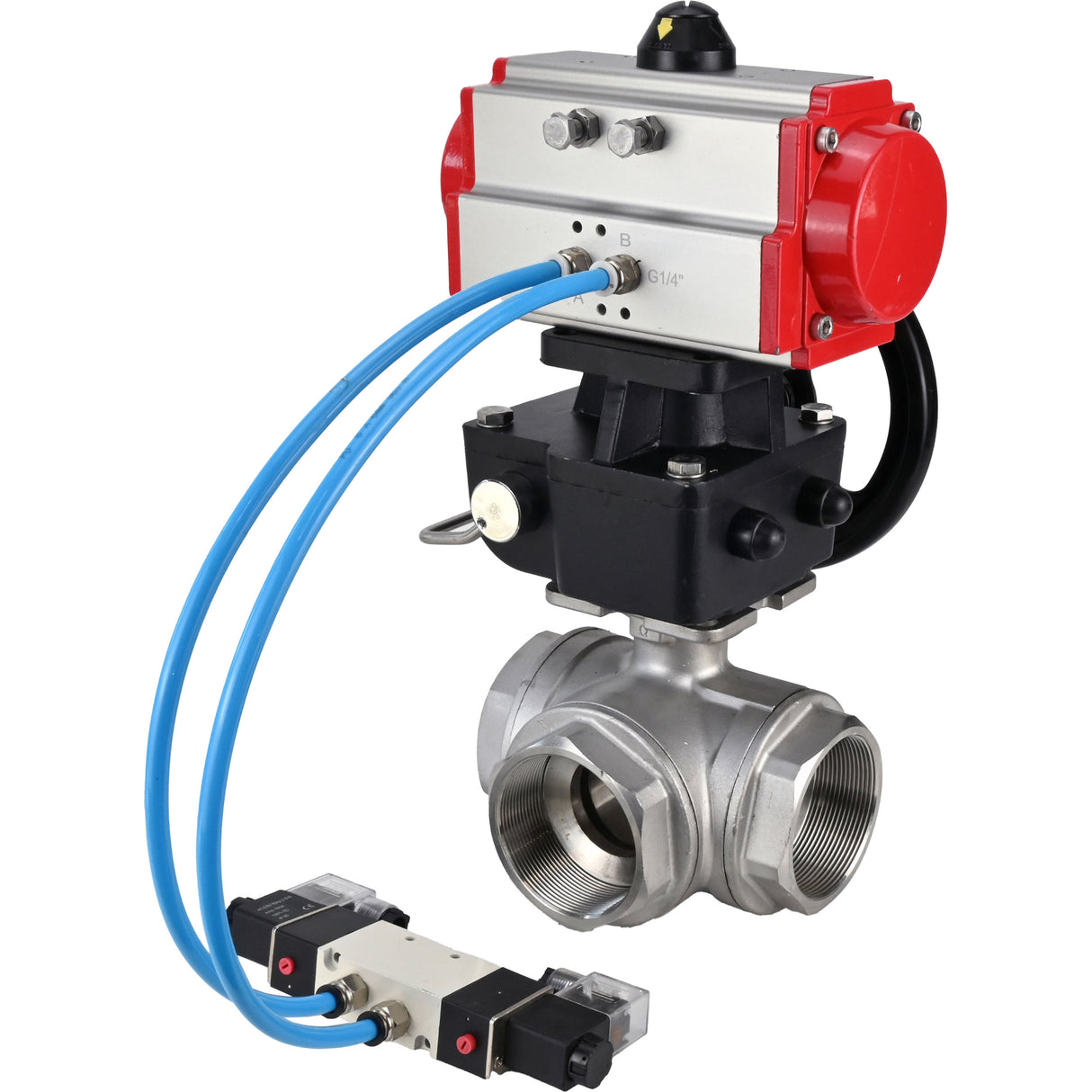 Ball valves Elephant BV3232P(4pc)-SP-3WL-T-ISO-H,  body material - Stainless steel AISI 316, seal - PTFE / PTFE / Teflon, with pneumatic actuator double action PA-DA, 4V320-10 220V, handwheel MON