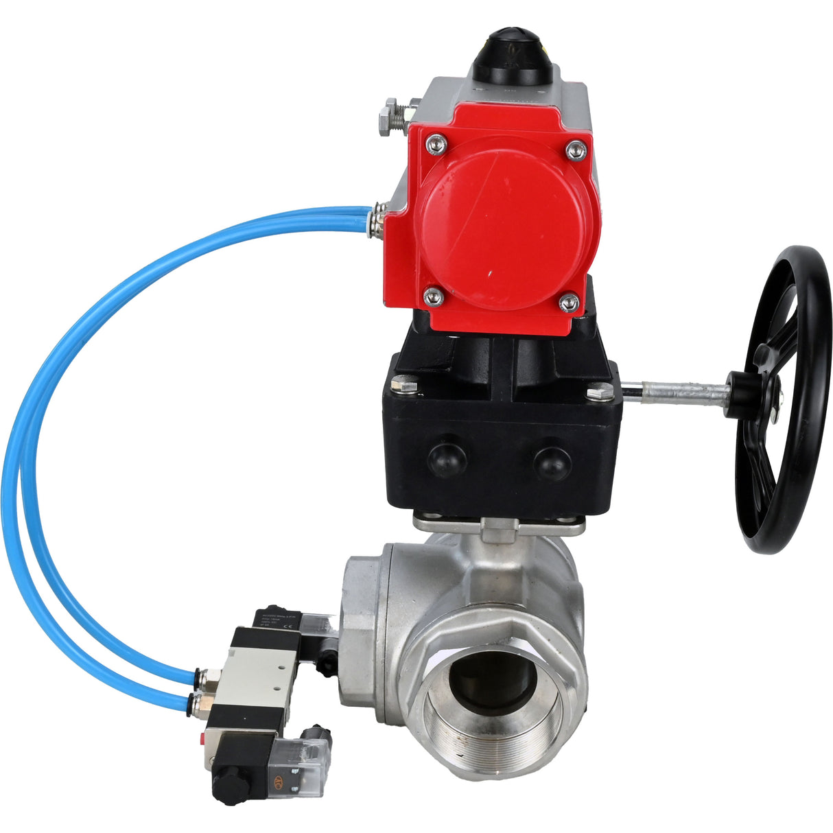 Ball valves Elephant BV3232P(4pc)-SP-3WL-T-ISO-H,  body material - Stainless steel AISI 316, seal - PTFE / PTFE / Teflon, with pneumatic actuator double action PA-DA, 4V320-10 220V, handwheel MON