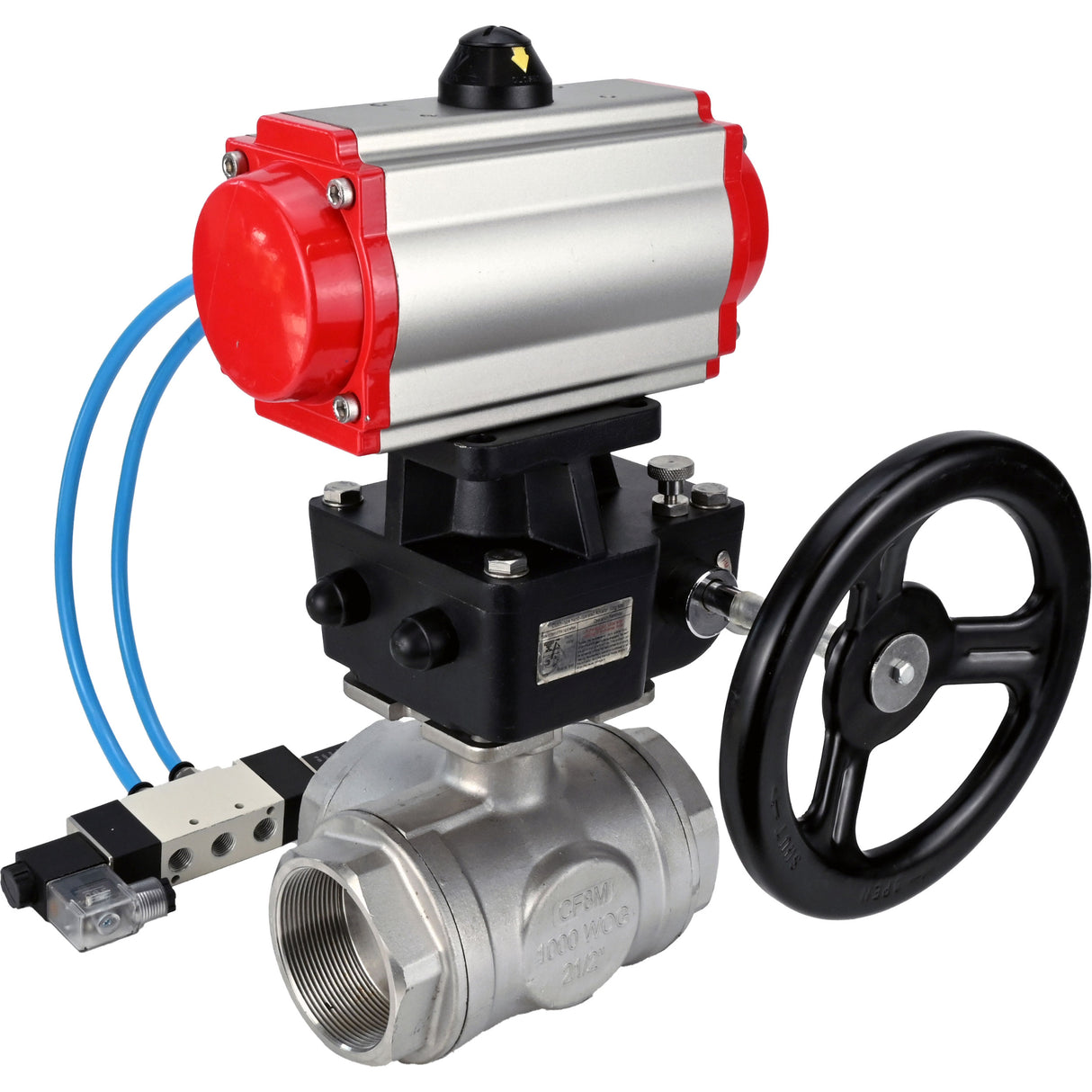 Ball valves Elephant BV3232P(4pc)-SP-3WL-T-ISO-H,  body material - Stainless steel AISI 316, seal - PTFE / PTFE / Teflon, with pneumatic actuator double action PA-DA, 4V320-10 220V, handwheel MON
