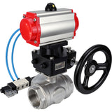 Ball valves Elephant BV3232P(4pc)-SP-3WL-T-ISO-H,  body material - Stainless steel AISI 316, seal - PTFE / PTFE / Teflon, with pneumatic actuator double action PA-DA, 4V320-10 220V, handwheel MON
