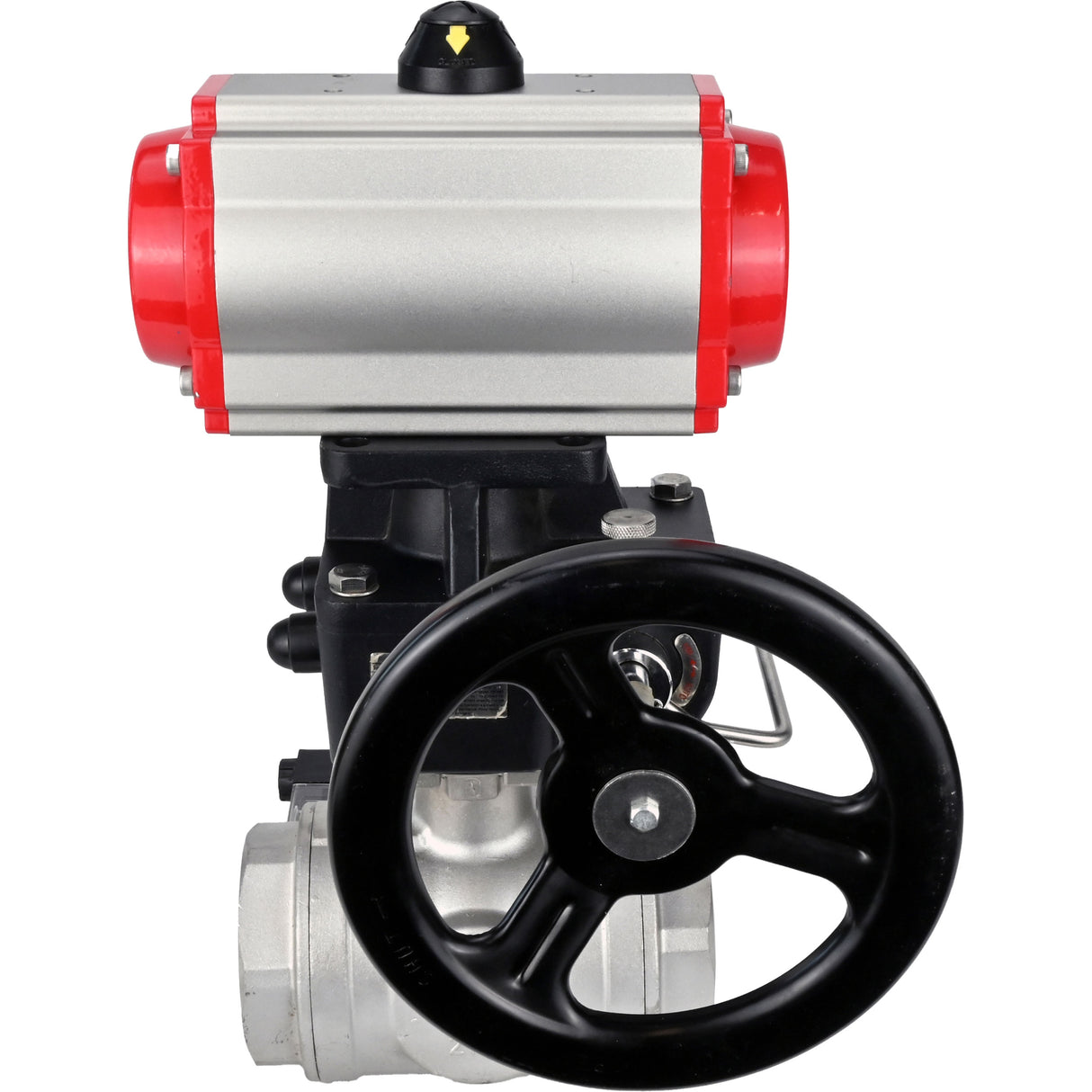 Ball valves Elephant BV3232P(4pc)-SP-3WL-T-ISO-H,  body material - Stainless steel AISI 316, seal - PTFE / PTFE / Teflon, with pneumatic actuator double action PA-DA, 4V320-10 220V, handwheel MON