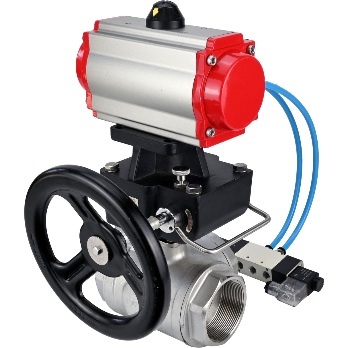 Ball valves Elephant BV3232P(4pc)-SP-3WL-T-ISO-H,  body material - Stainless steel AISI 316, seal - PTFE / PTFE / Teflon, with pneumatic actuator double action PA-DA, 4V320-10 220V, handwheel MON