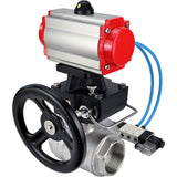 Ball valves Elephant BV3232P(4pc)-SP-3WL-T-ISO-H,  body material - Stainless steel AISI 316, seal - PTFE / PTFE / Teflon, with pneumatic actuator double action PA-DA, 4V320-10 220V, handwheel MON