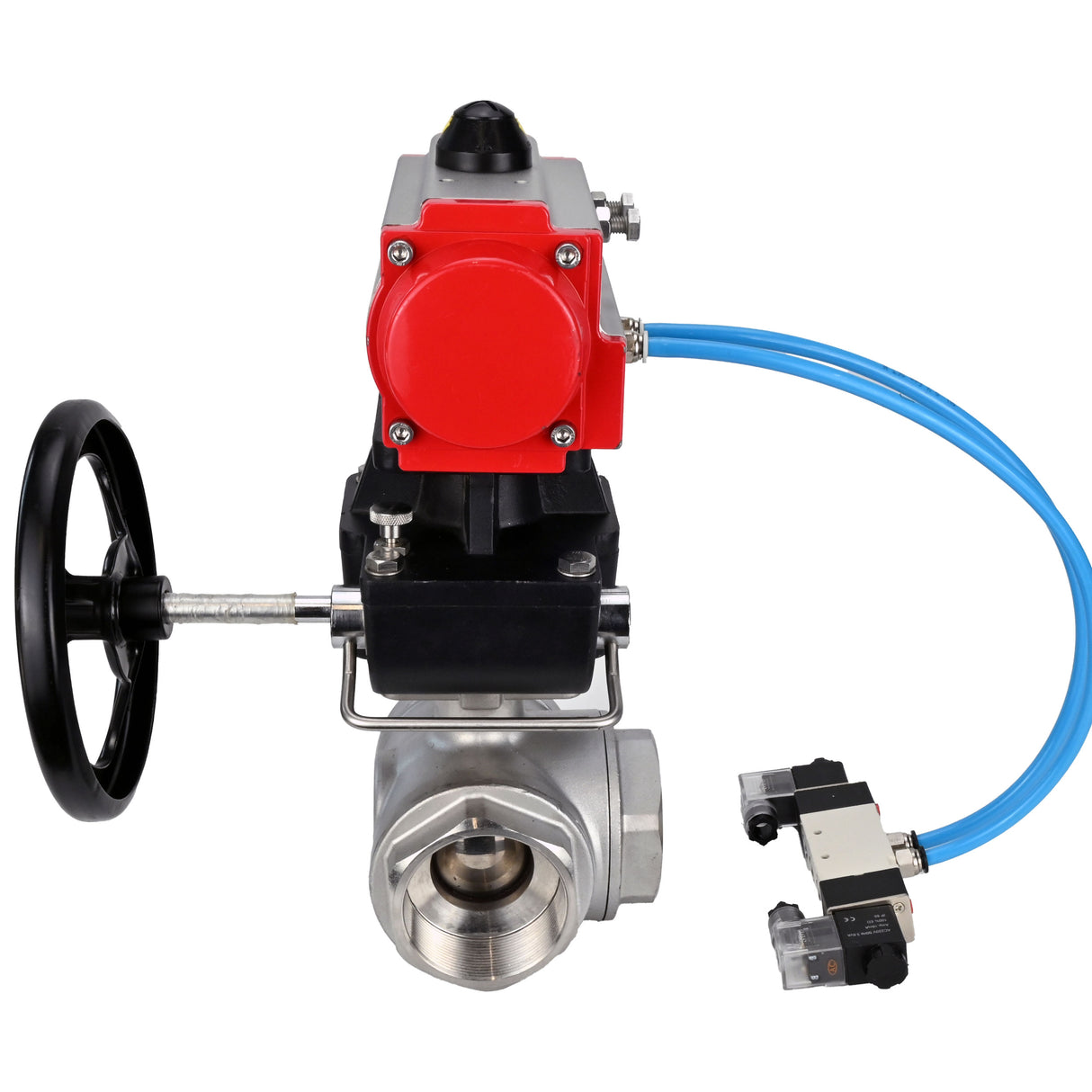 Ball valves Elephant BV3232P(4pc)-SP-3WL-T-ISO-H,  body material - Stainless steel AISI 316, seal - PTFE / PTFE / Teflon, with pneumatic actuator double action PA-DA, 4V320-10 220V, handwheel MON