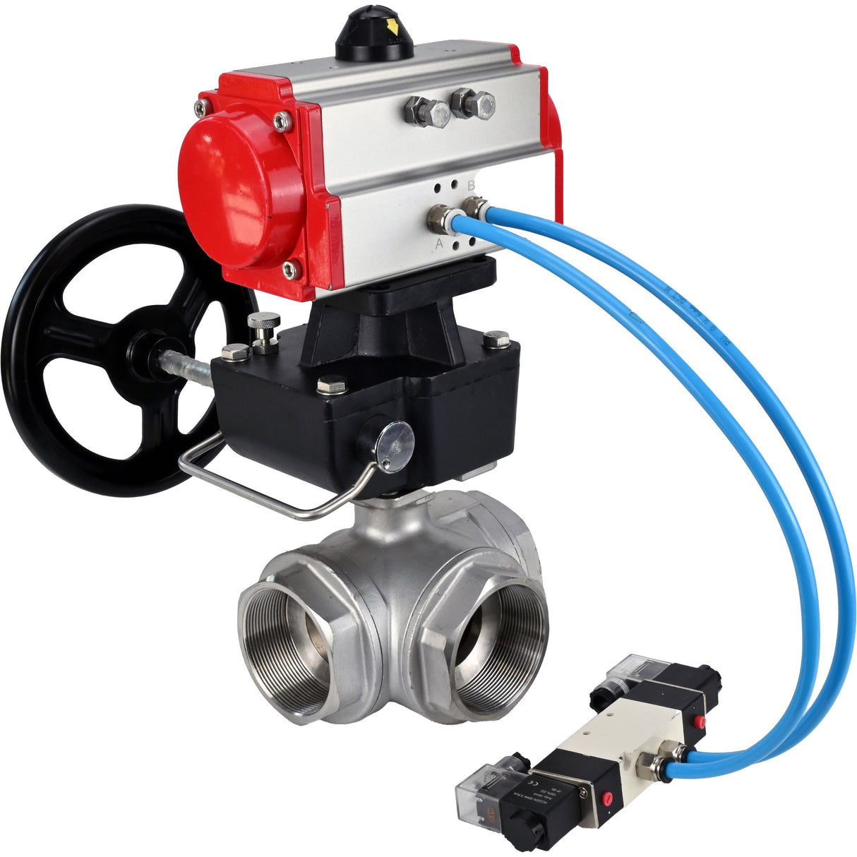 Ball valves Elephant BV3232P(4pc)-SP-3WL-T-ISO-H,  body material - Stainless steel AISI 316, seal - PTFE / PTFE / Teflon, with pneumatic actuator double action PA-DA, 4V320-10 220V, handwheel MON