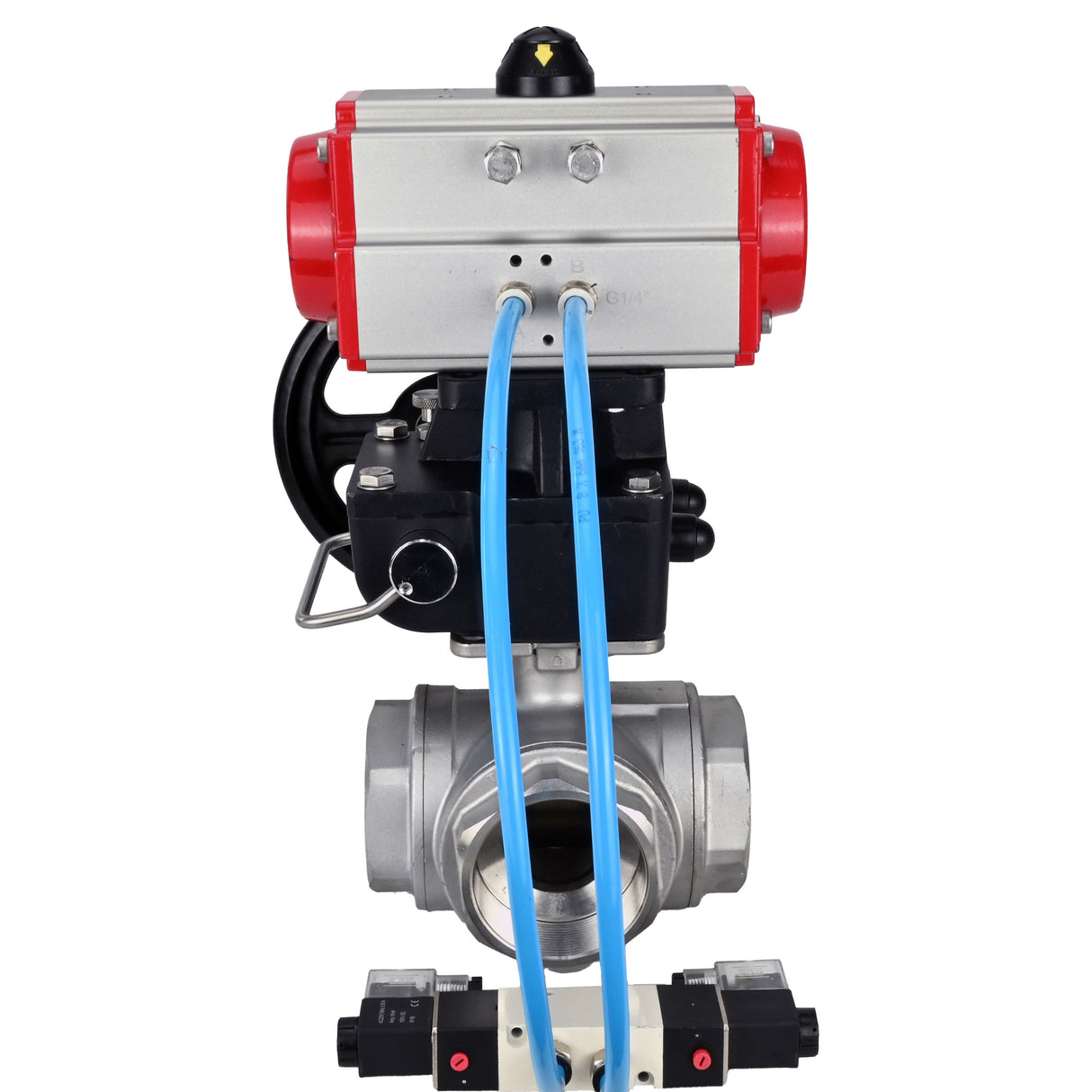 Ball valves Elephant BV3232P(4pc)-SP-3WL-T-ISO-H,  body material - Stainless steel AISI 316, seal - PTFE / PTFE / Teflon, with pneumatic actuator double action PA-DA, 4V320-10 220V, handwheel MON
