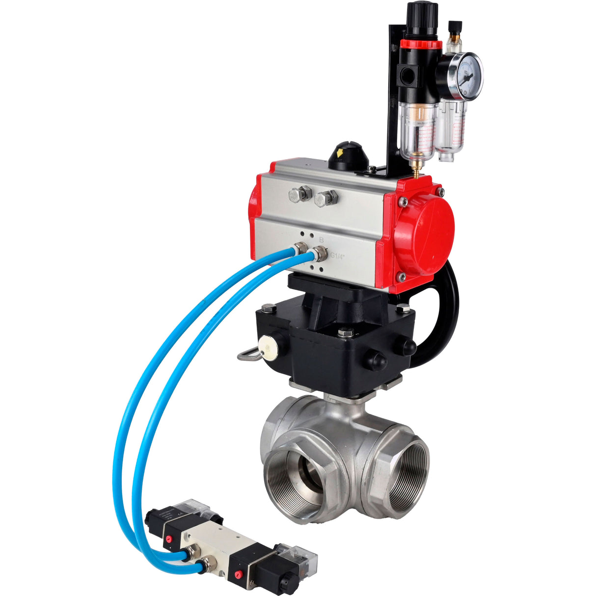 Ball valves Elephant BV3232P(4pc)-SP-3WL-T-ISO-H,  body material - Stainless steel AISI 316, seal - PTFE / PTFE / Teflon, with pneumatic actuator double action PA-DA, 4V320-08 220Vhandwheel MON, ATU AFC2000