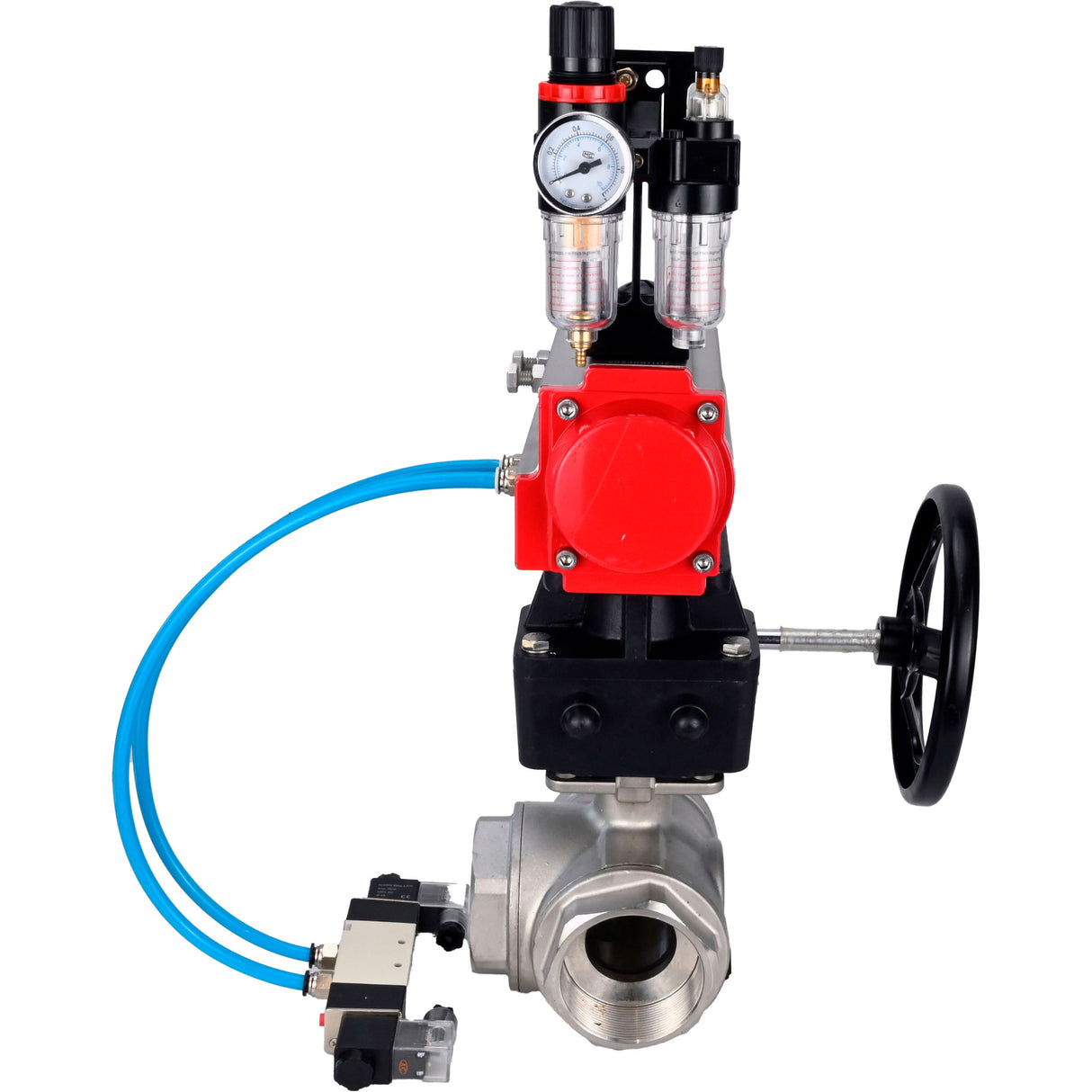 Ball valves Elephant BV3232P(4pc)-SP-3WL-T-ISO-H,  body material - Stainless steel AISI 316, seal - PTFE / PTFE / Teflon, with pneumatic actuator double action PA-DA, 4V320-08 220Vhandwheel MON, ATU AFC2000