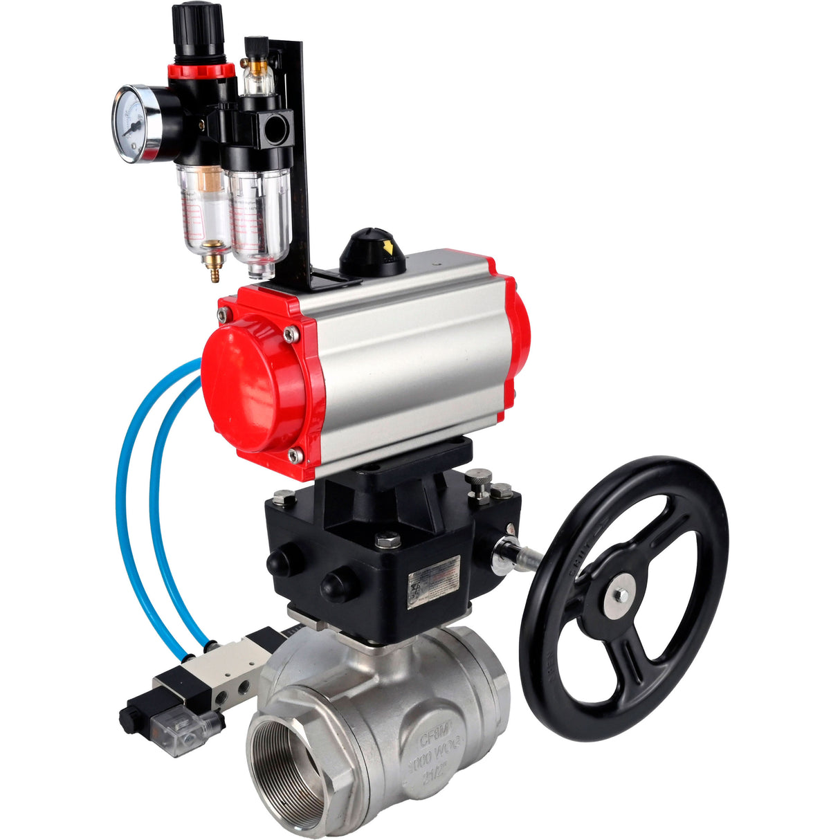 Ball valves Elephant BV3232P(4pc)-SP-3WL-T-ISO-H,  body material - Stainless steel AISI 316, seal - PTFE / PTFE / Teflon, with pneumatic actuator double action PA-DA, 4V320-08 220Vhandwheel MON, ATU AFC2000