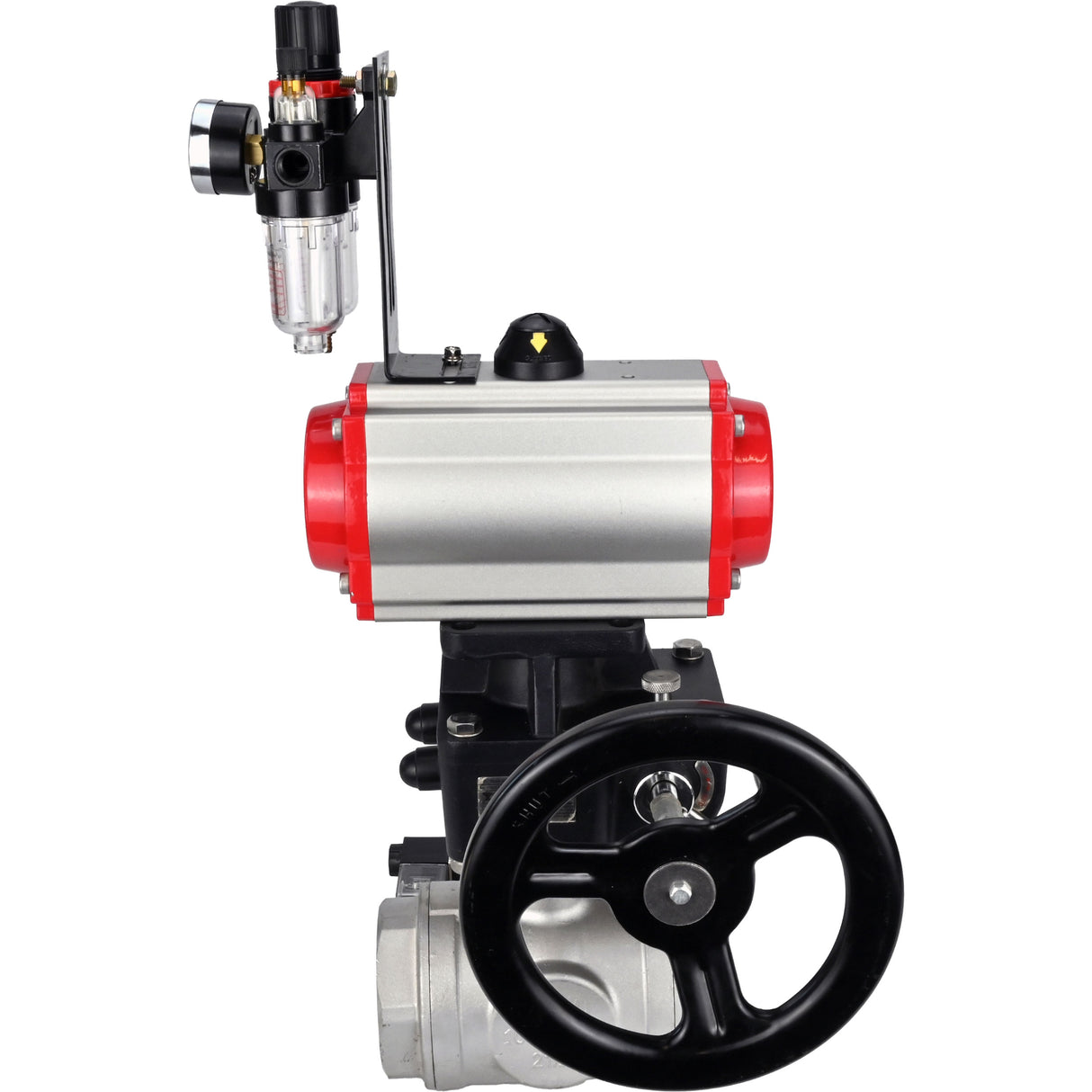 Ball valves Elephant BV3232P(4pc)-SP-3WL-T-ISO-H,  body material - Stainless steel AISI 316, seal - PTFE / PTFE / Teflon, with pneumatic actuator double action PA-DA, 4V320-08 220Vhandwheel MON, ATU AFC2000