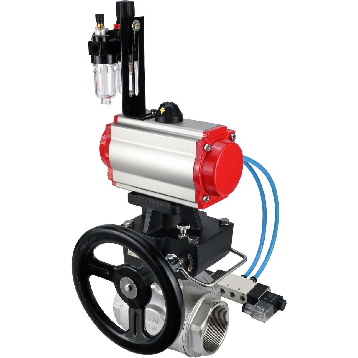 Ball valves Elephant BV3232P(4pc)-SP-3WL-T-ISO-H,  body material - Stainless steel AISI 316, seal - PTFE / PTFE / Teflon, with pneumatic actuator double action PA-DA, 4V320-08 220Vhandwheel MON, ATU AFC2000