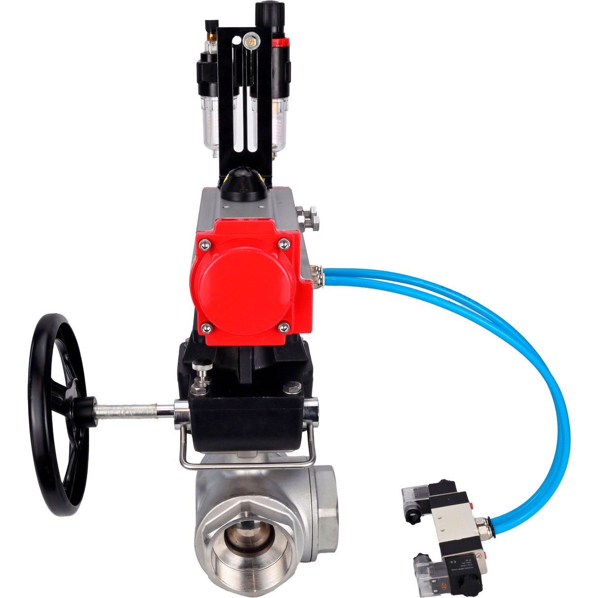 Ball valves Elephant BV3232P(4pc)-SP-3WL-T-ISO-H,  body material - Stainless steel AISI 316, seal - PTFE / PTFE / Teflon, with pneumatic actuator double action PA-DA, 4V320-08 220Vhandwheel MON, ATU AFC2000
