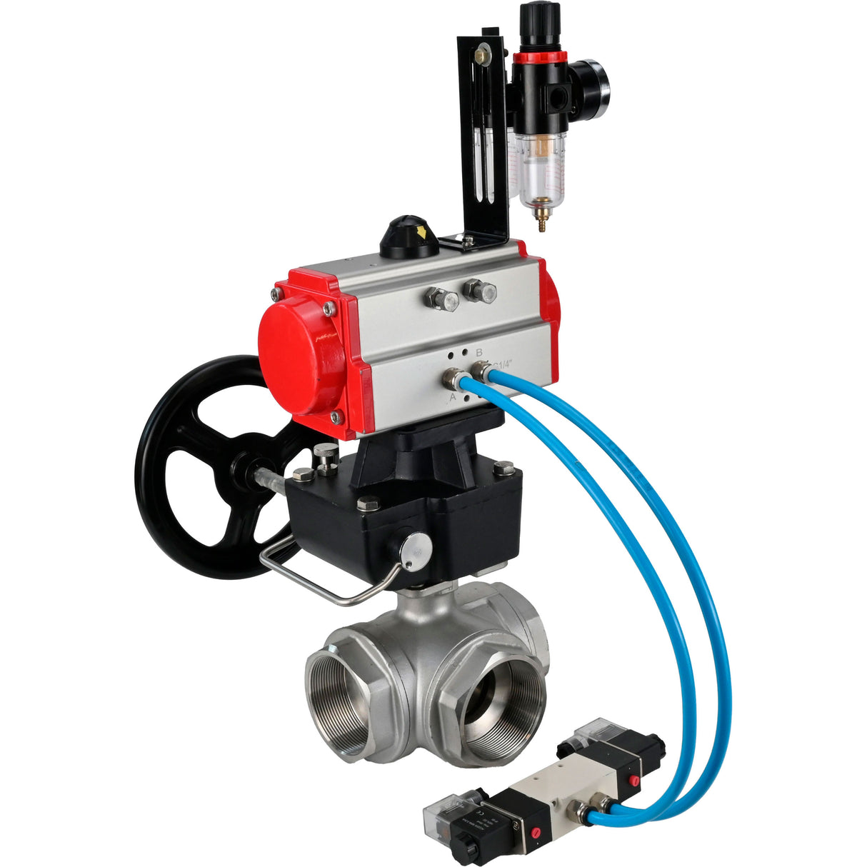 Ball valves Elephant BV3232P(4pc)-SP-3WL-T-ISO-H,  body material - Stainless steel AISI 316, seal - PTFE / PTFE / Teflon, with pneumatic actuator double action PA-DA, 4V320-08 220Vhandwheel MON, ATU AFC2000