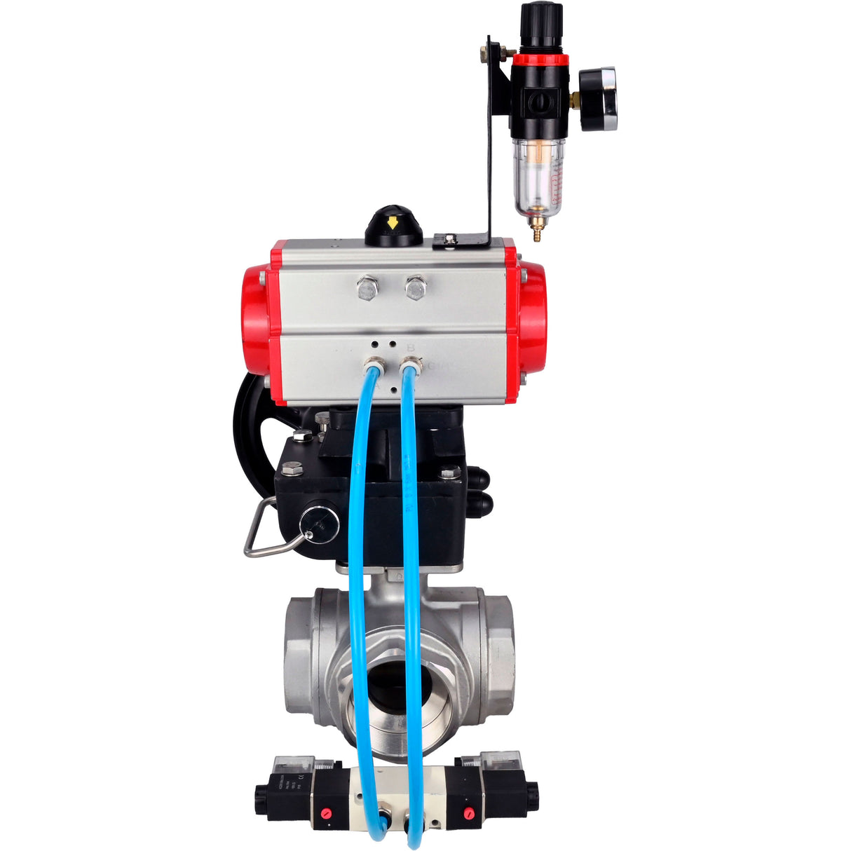 Ball valves Elephant BV3232P(4pc)-SP-3WL-T-ISO-H,  body material - Stainless steel AISI 316, seal - PTFE / PTFE / Teflon, with pneumatic actuator double action PA-DA, 4V320-08 220Vhandwheel MON, ATU AFC2000