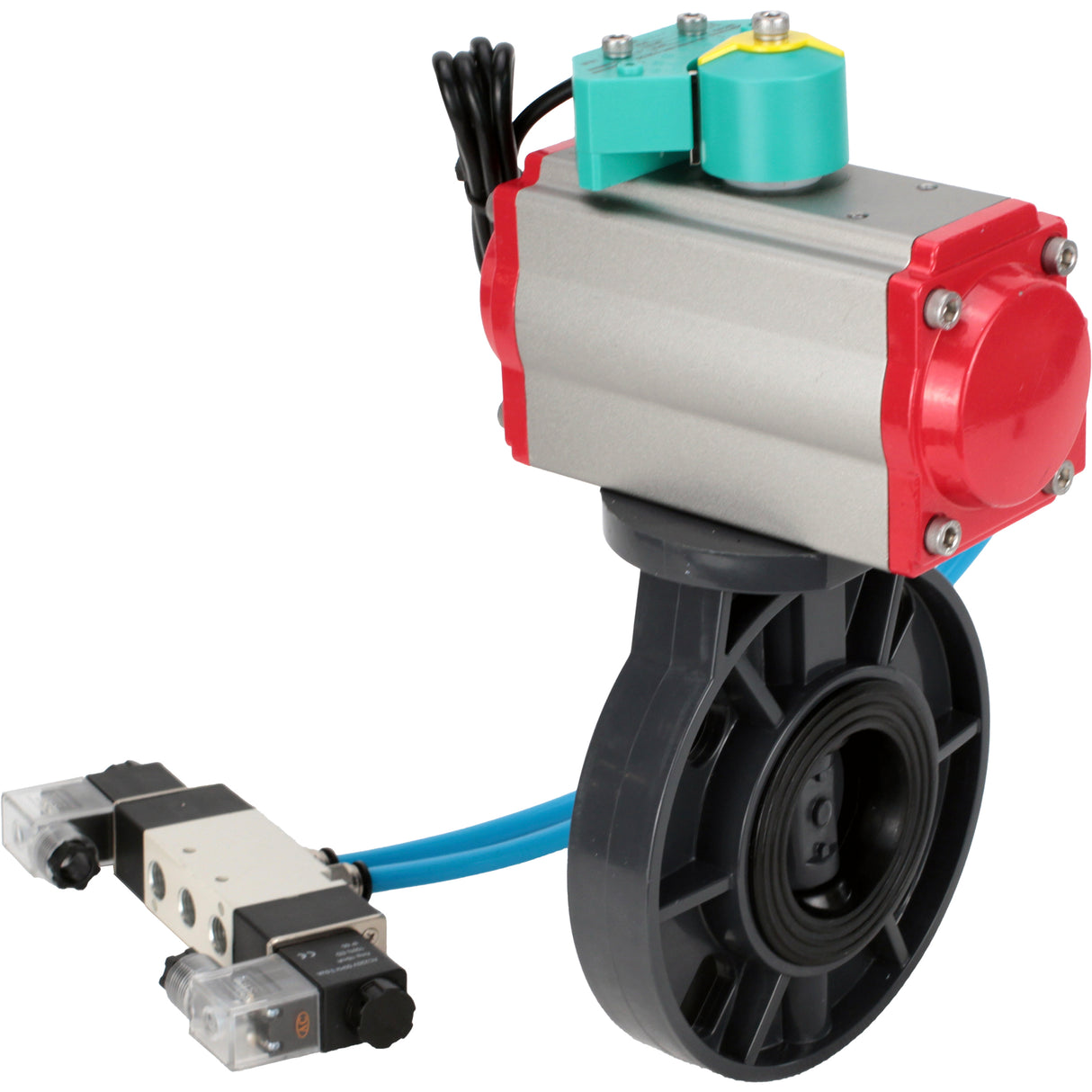 Butterfly valves Elephant WBV4242E-2W-Fb-ISO, body material - UPVC, disc material - UPVC, seal - EPDM, with pneumatic actuator double action PA-DA, pneumatic distributor 4V320-10 220V and magnetic switch ALS200D