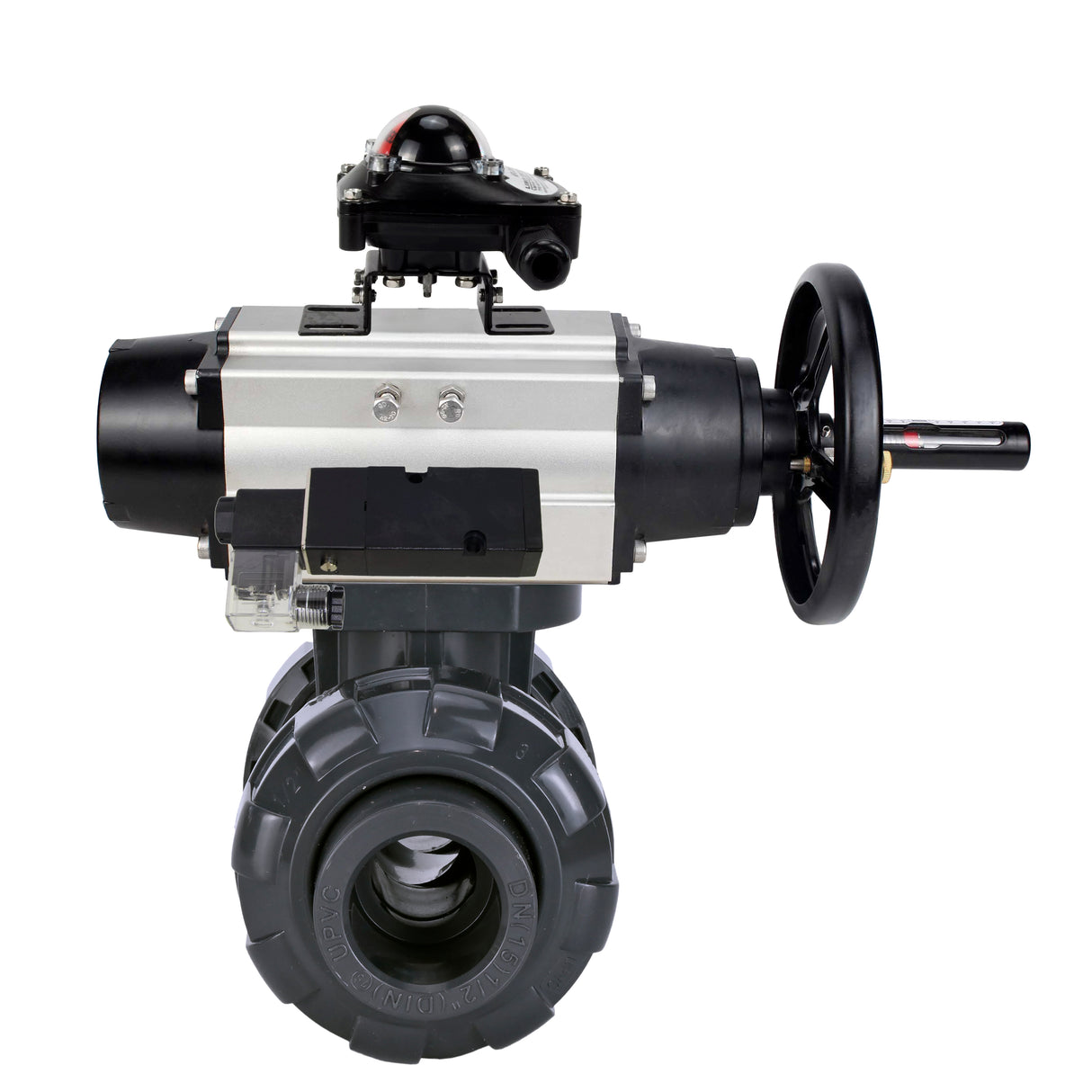 Ball valves Elephant BV4242E-FP-GRM-ISO, body material - UPVC, ball material - UPVC, seal - EPDM, with pneumatic actuator double action PA-DA-105-1, pneumatic distributor 4M310-08 220V and LSU APL-210N
