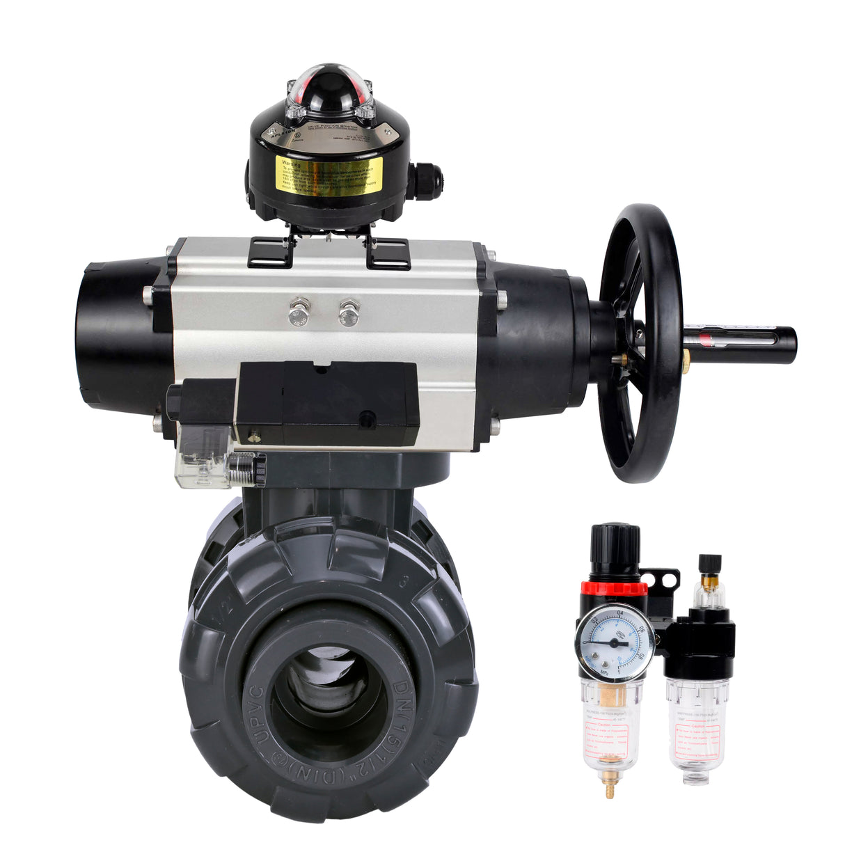 Ball valves Elephant BV4242E-FP-GRM-ISO, body material - UPVC, ball material - UPVC, seal - EPDM, with pneumatic actuator double action PA-DA-105-1, pneumatic distributor 4M310-08 24V, LSU APL-510N EX and ATU AFC2000