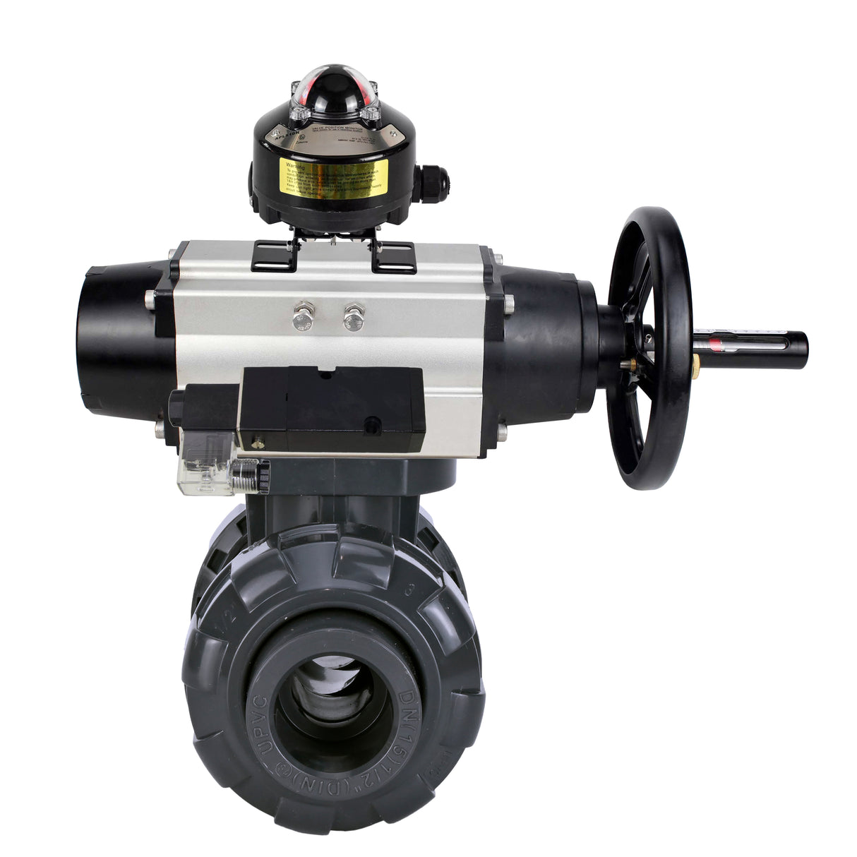 Ball valves Elephant BV4242E-FP-GRM-ISO, body material - UPVC, ball material - UPVC, seal - EPDM, with pneumatic actuator double action PA-DA-105-1, pneumatic distributor 4M310-08 220V and LSU APL-510N EX