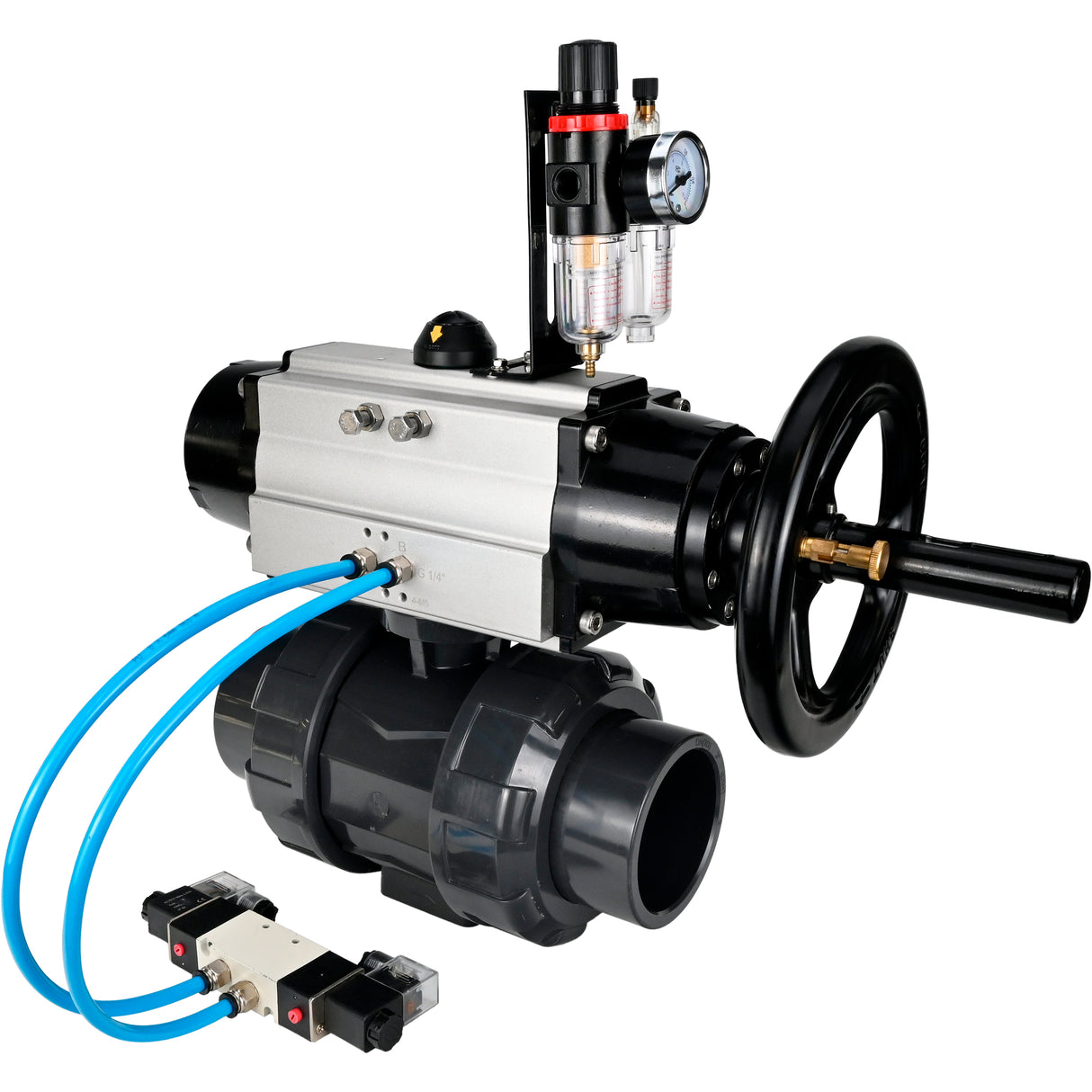 Ball valves Elephant BV4242E-FP-GRM-ISO, body material - UPVC, ball material - UPVC, seal - EPDM, with pneumatic actuator double action PA-DA-105-1, pneumatic distributor 4V320-08 220V and ATU AFC2000
