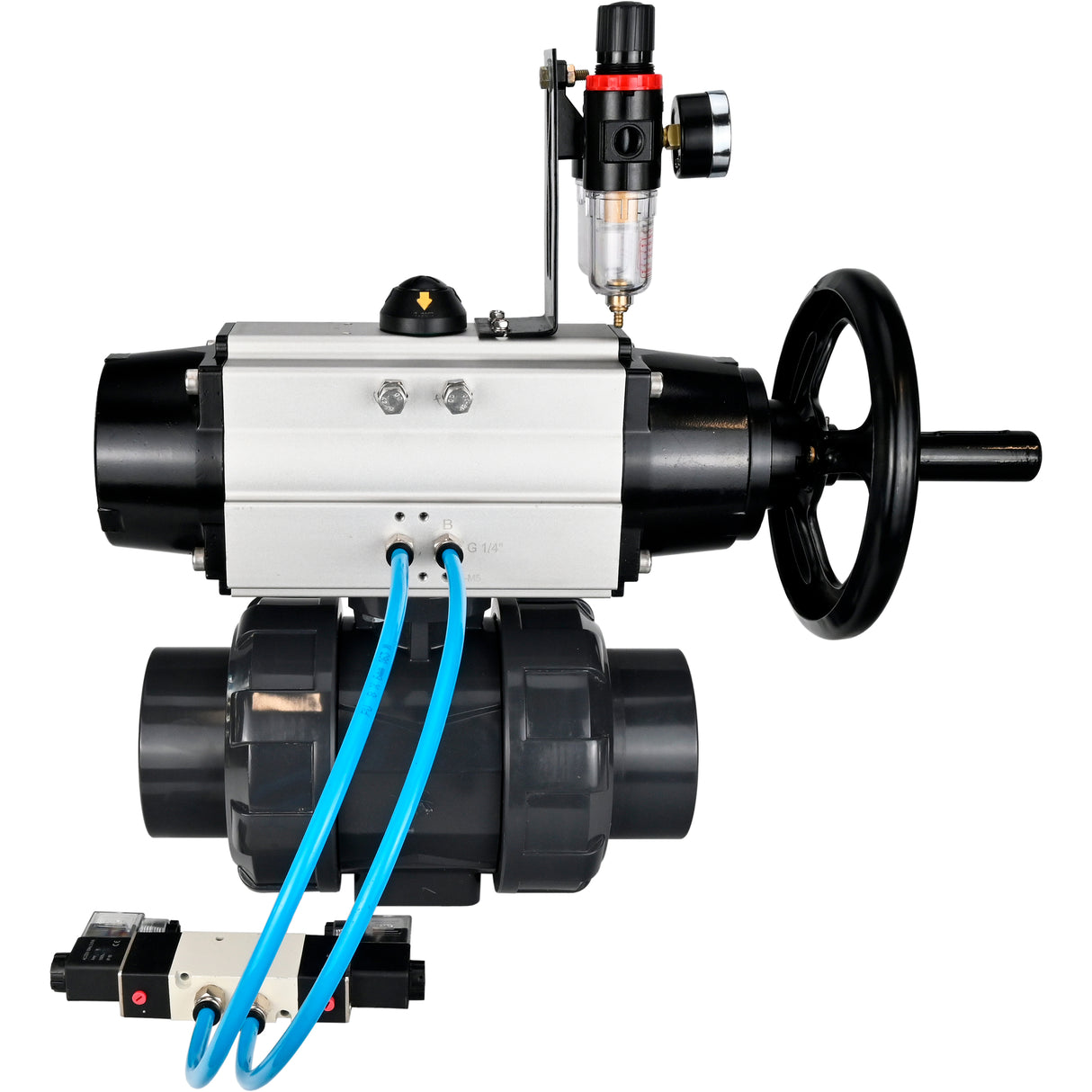 Ball valves Elephant BV4242E-FP-GRM-ISO, body material - UPVC, ball material - UPVC, seal - EPDM, with pneumatic actuator double action PA-DA-105-1, pneumatic distributor 4V320-08 220V and ATU AFC2000