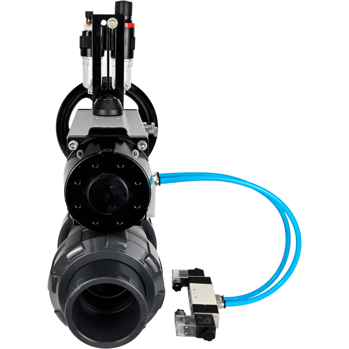 Ball valves Elephant BV4242E-FP-GRM-ISO, body material - UPVC, ball material - UPVC, seal - EPDM, with pneumatic actuator double action PA-DA-105-1, pneumatic distributor 4V320-08 220V and ATU AFC2000