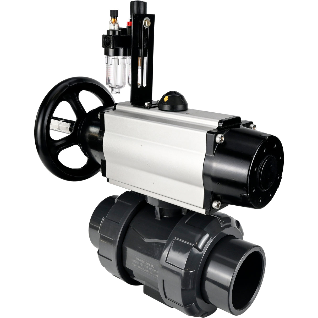 Ball valves Elephant BV4242E-FP-GRM-ISO, body material - UPVC, ball material - UPVC, seal - EPDM, with pneumatic actuator double action PA-DA-105-1, pneumatic distributor 4V320-08 220V and ATU AFC2000