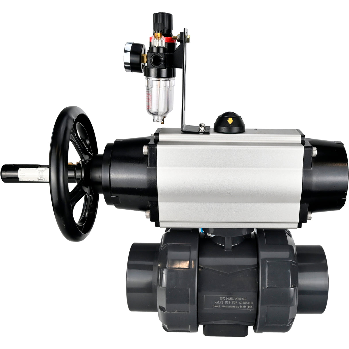 Ball valves Elephant BV4242E-FP-GRM-ISO, body material - UPVC, ball material - UPVC, seal - EPDM, with pneumatic actuator double action PA-DA-105-1, pneumatic distributor 4V320-08 220V and ATU AFC2000