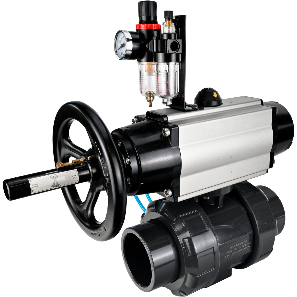Ball valves Elephant BV4242E-FP-GRM-ISO, body material - UPVC, ball material - UPVC, seal - EPDM, with pneumatic actuator double action PA-DA-105-1, pneumatic distributor 4V320-08 220V and ATU AFC2000