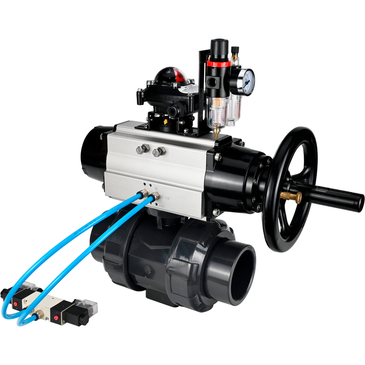 Ball valves Elephant BV4242E-FP-GRM-ISO, body material - UPVC, ball material - UPVC, seal - EPDM, with pneumatic actuator double action PA-DA-105-1, pneumatic distributor 4V320-08 220V, LSU APL-210N and ATU AFC2000