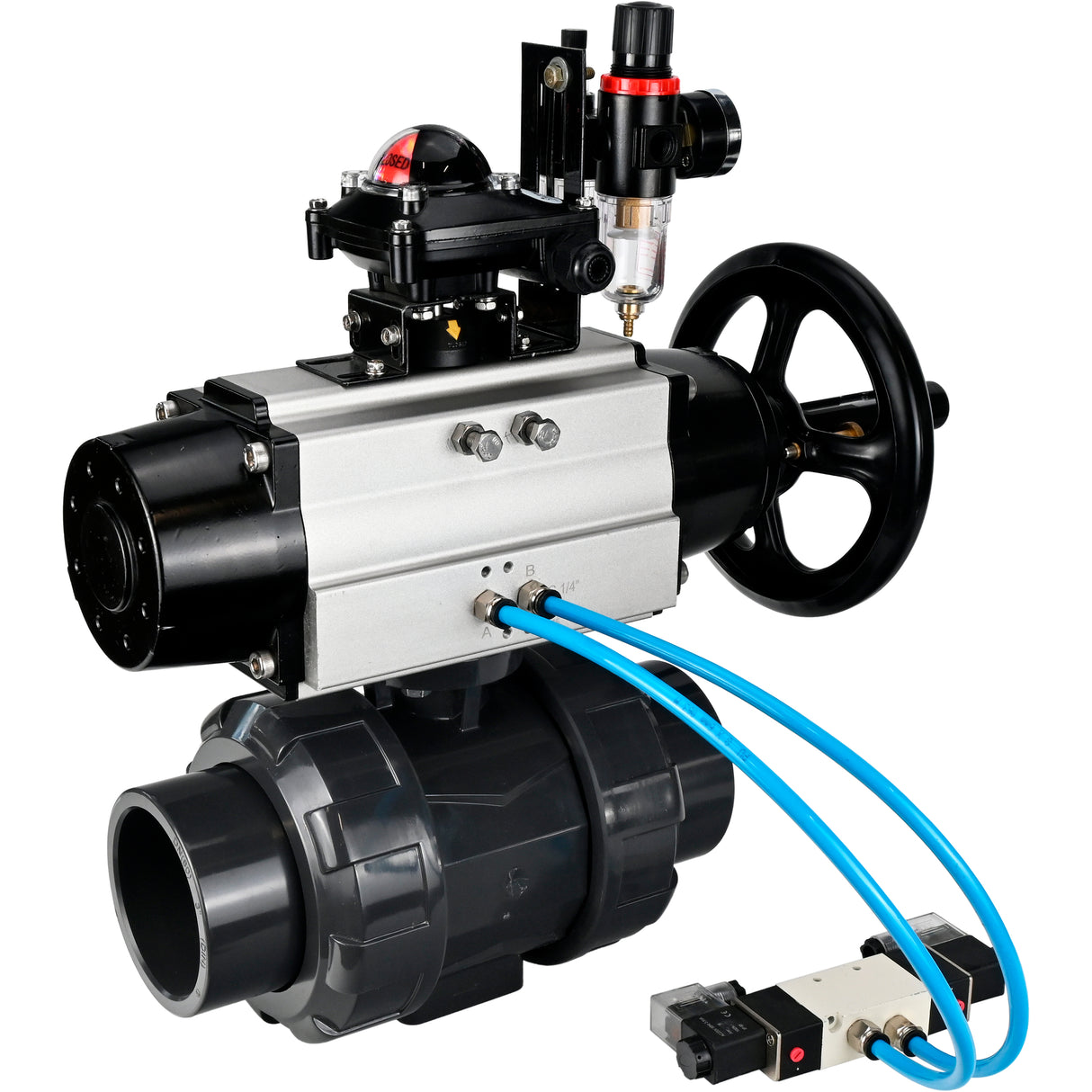 Ball valves Elephant BV4242E-FP-GRM-ISO, body material - UPVC, ball material - UPVC, seal - EPDM, with pneumatic actuator double action PA-DA-105-1, pneumatic distributor 4V320-08 220V, LSU APL-210N and ATU AFC2000