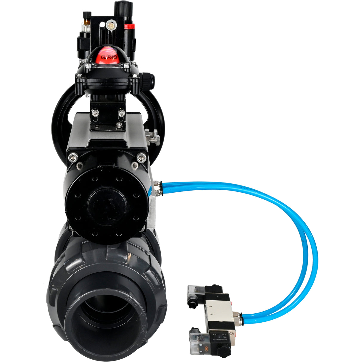 Ball valves Elephant BV4242E-FP-GRM-ISO, body material - UPVC, ball material - UPVC, seal - EPDM, with pneumatic actuator double action PA-DA-105-1, pneumatic distributor 4V320-08 220V, LSU APL-210N and ATU AFC2000