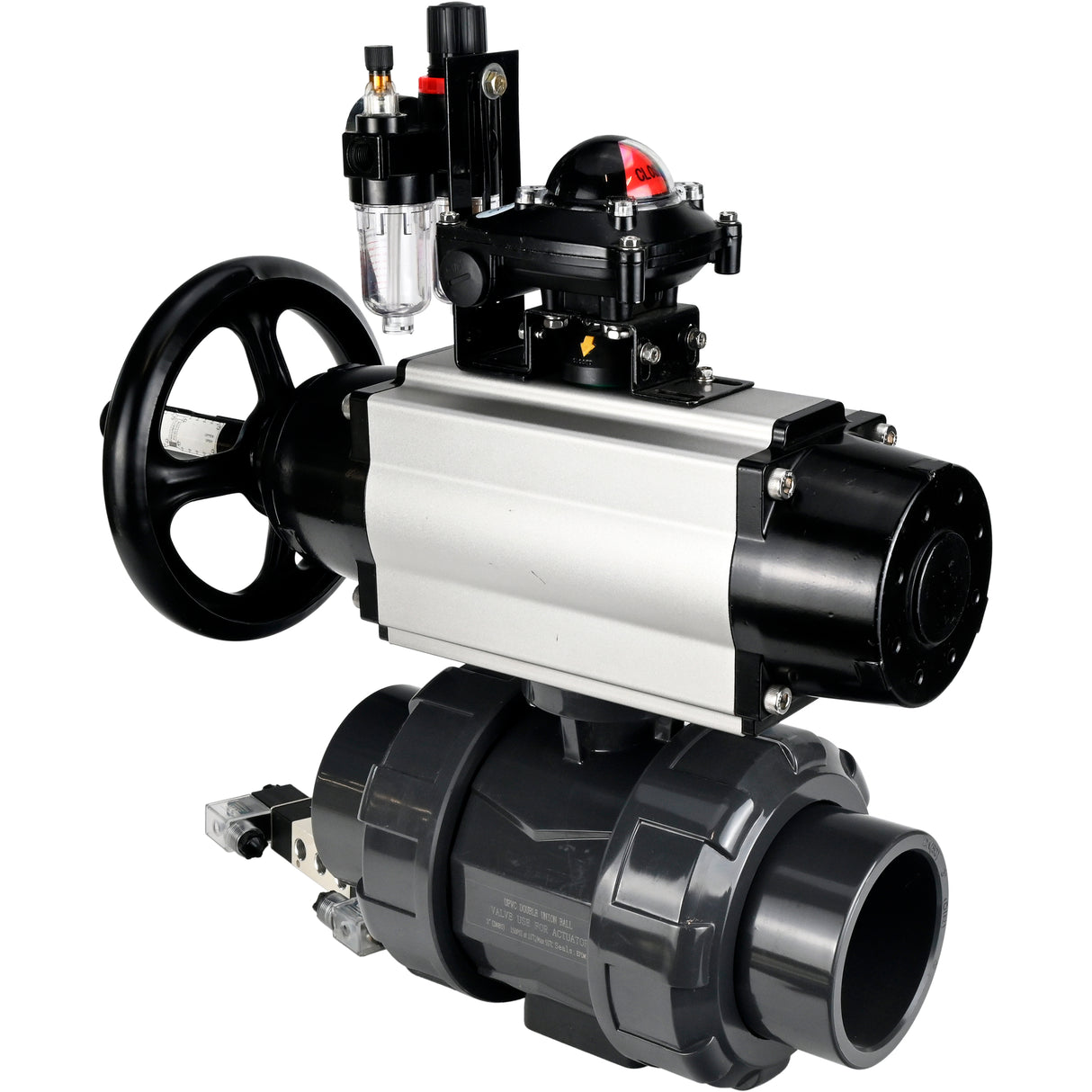 Ball valves Elephant BV4242E-FP-GRM-ISO, body material - UPVC, ball material - UPVC, seal - EPDM, with pneumatic actuator double action PA-DA-105-1, pneumatic distributor 4V320-08 220V, LSU APL-210N and ATU AFC2000
