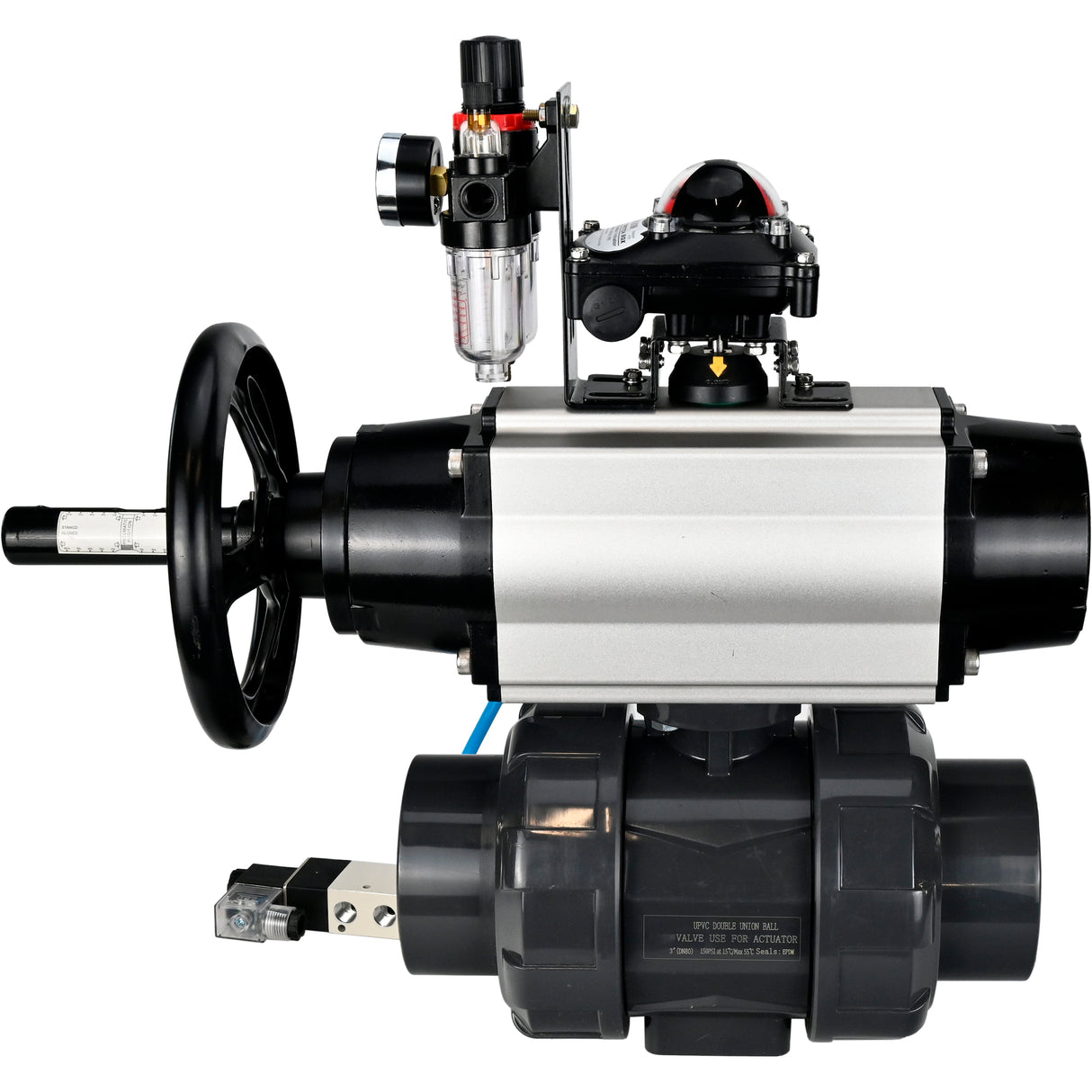 Ball valves Elephant BV4242E-FP-GRM-ISO, body material - UPVC, ball material - UPVC, seal - EPDM, with pneumatic actuator double action PA-DA-105-1, pneumatic distributor 4V320-08 220V, LSU APL-210N and ATU AFC2000