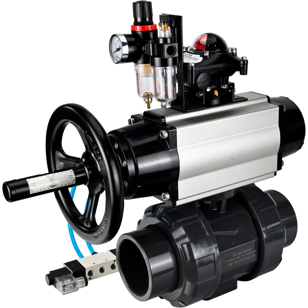 Ball valves Elephant BV4242E-FP-GRM-ISO, body material - UPVC, ball material - UPVC, seal - EPDM, with pneumatic actuator double action PA-DA-105-1, pneumatic distributor 4V320-08 220V, LSU APL-210N and ATU AFC2000