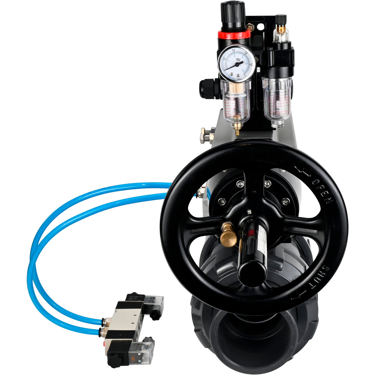 Ball valves Elephant BV4242E-FP-GRM-ISO, body material - UPVC, ball material - UPVC, seal - EPDM, with pneumatic actuator double action PA-DA-105-1, pneumatic distributor 4V320-08 220V, LSU APL-210N and ATU AFC2000