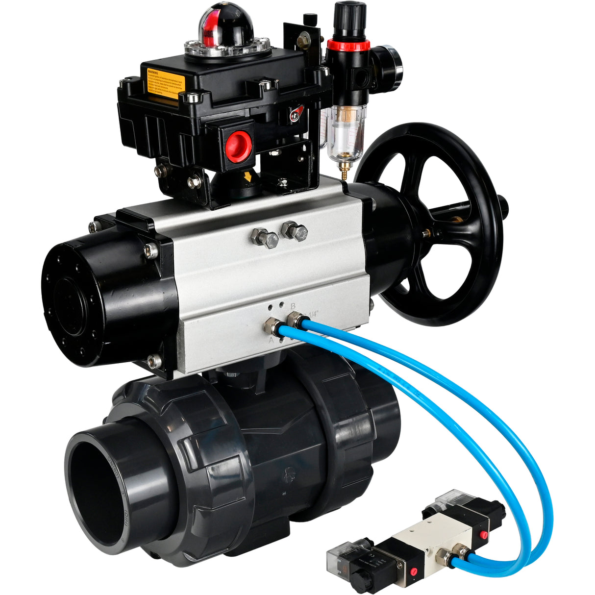 Ball valves Elephant BV4242E-FP-GRM-ISO, body material - UPVC, ball material - UPVC, seal - EPDM, with pneumatic actuator double action PA-DA-105-1, pneumatic distributor 4V320-08 220V, LSU APL-410N EX and ATU AFC2000