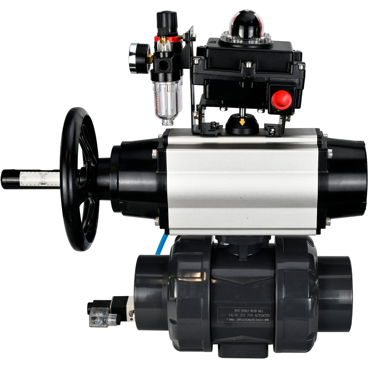 Ball valves Elephant BV4242E-FP-GRM-ISO, body material - UPVC, ball material - UPVC, seal - EPDM, with pneumatic actuator double action PA-DA-105-1, pneumatic distributor 4V320-08 220V, LSU APL-410N EX and ATU AFC2000