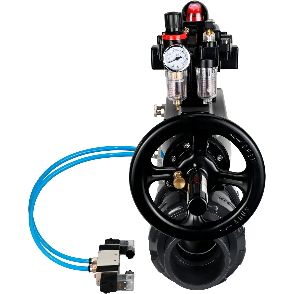 Ball valves Elephant BV4242E-FP-GRM-ISO, body material - UPVC, ball material - UPVC, seal - EPDM, with pneumatic actuator double action PA-DA-105-1, pneumatic distributor 4V320-08 220V, LSU APL-410N EX and ATU AFC2000