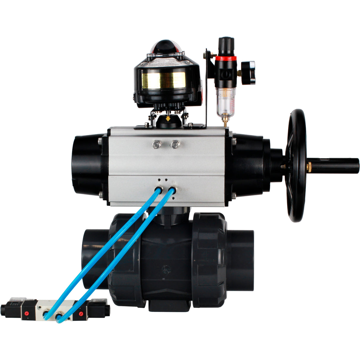 Ball valves Elephant BV4242E-FP-GRM-ISO, body material - UPVC, ball material - UPVC, seal - EPDM, with pneumatic actuator double action PA-DA-105-1, pneumatic distributor 4V320-08 220V, LSU APL-510N EX and ATU AFC2000