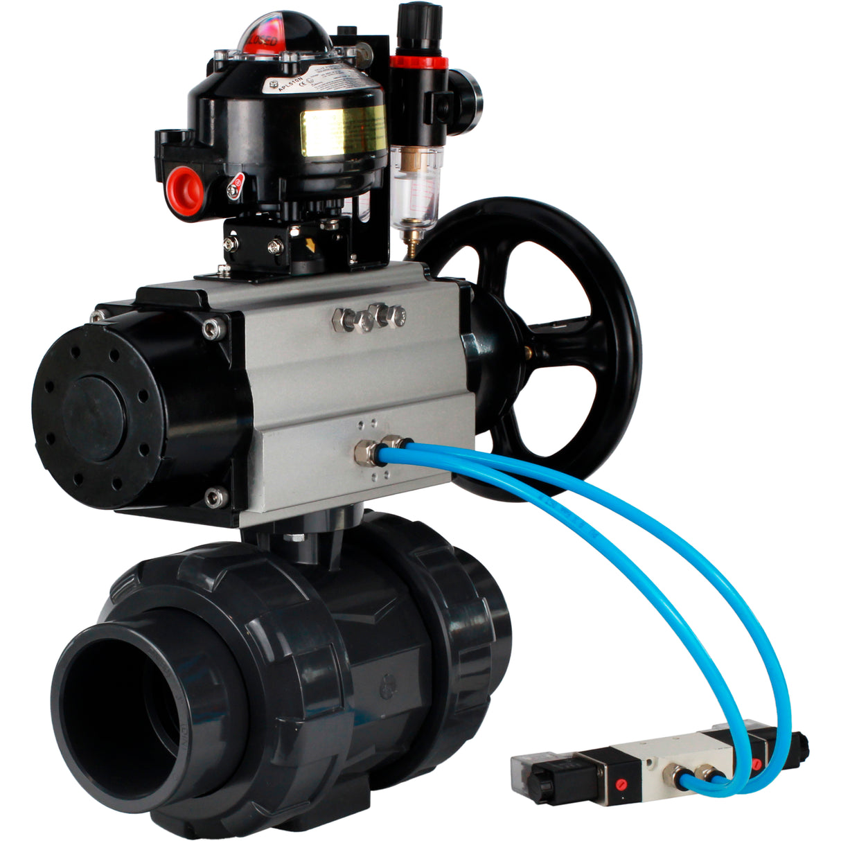 Ball valves Elephant BV4242E-FP-GRM-ISO, body material - UPVC, ball material - UPVC, seal - EPDM, with pneumatic actuator double action PA-DA-105-1, pneumatic distributor 4V320-08 220V, LSU APL-510N EX and ATU AFC2000