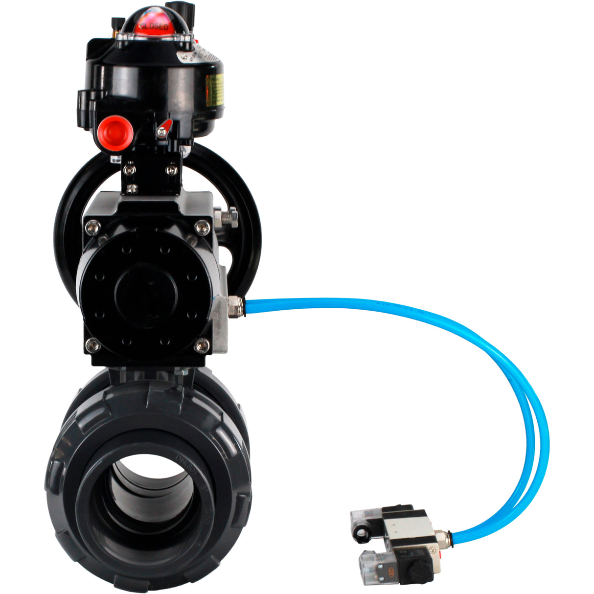 Ball valves Elephant BV4242E-FP-GRM-ISO, body material - UPVC, ball material - UPVC, seal - EPDM, with pneumatic actuator double action PA-DA-105-1, pneumatic distributor 4V320-08 220V, LSU APL-510N EX and ATU AFC2000