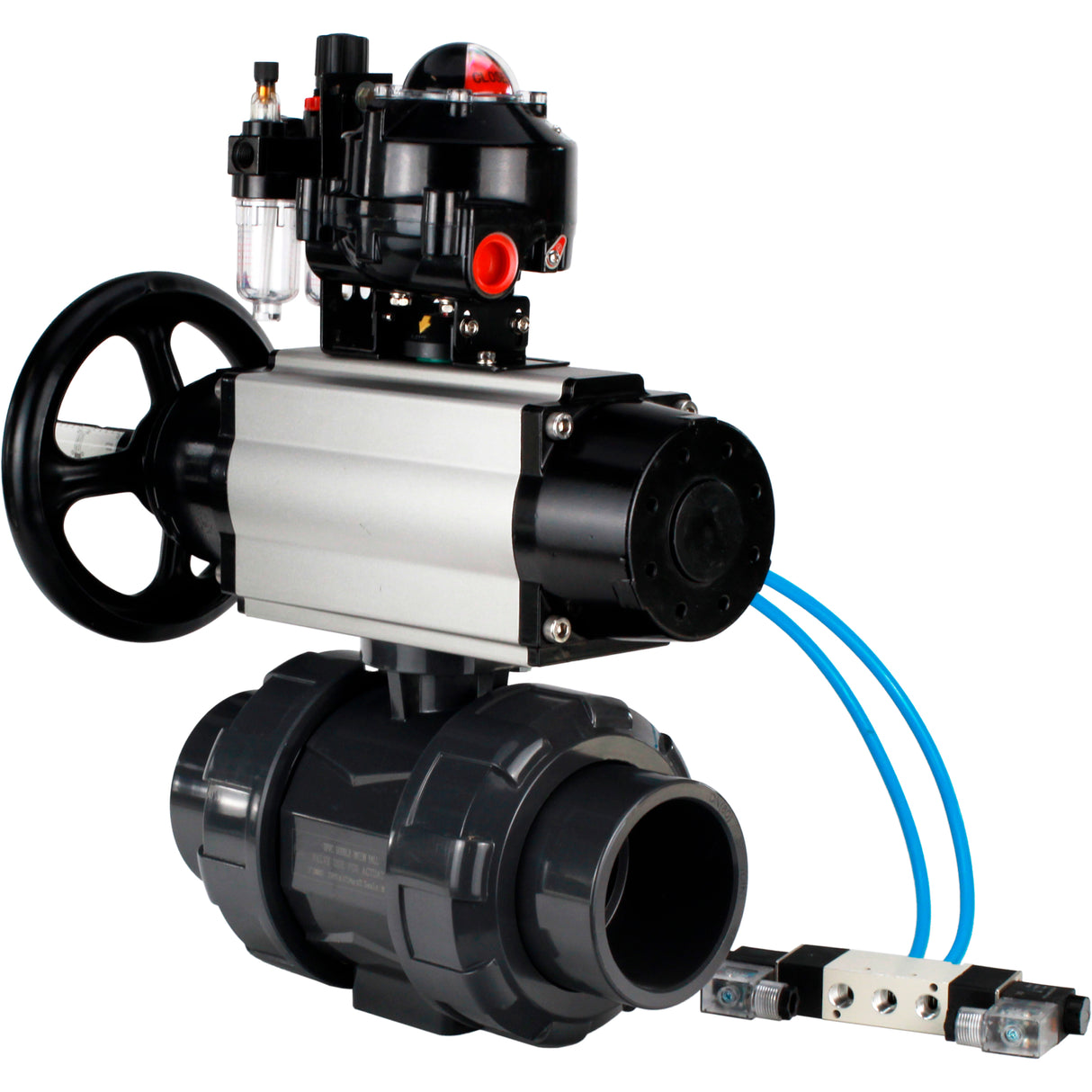 Ball valves Elephant BV4242E-FP-GRM-ISO, body material - UPVC, ball material - UPVC, seal - EPDM, with pneumatic actuator double action PA-DA-105-1, pneumatic distributor 4V320-08 220V, LSU APL-510N EX and ATU AFC2000