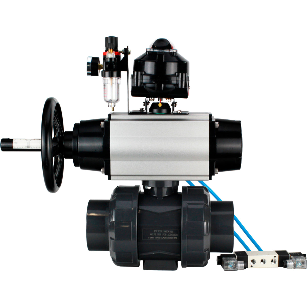 Ball valves Elephant BV4242E-FP-GRM-ISO, body material - UPVC, ball material - UPVC, seal - EPDM, with pneumatic actuator double action PA-DA-105-1, pneumatic distributor 4V320-08 220V, LSU APL-510N EX and ATU AFC2000