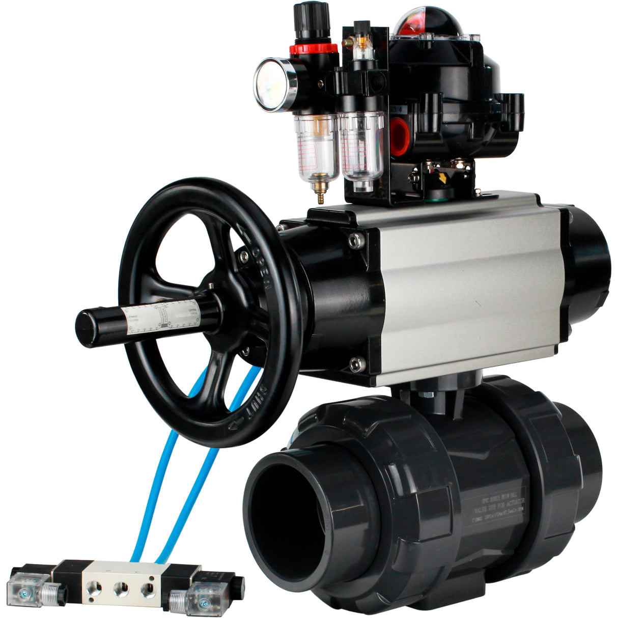 Ball valves Elephant BV4242E-FP-GRM-ISO, body material - UPVC, ball material - UPVC, seal - EPDM, with pneumatic actuator double action PA-DA-105-1, pneumatic distributor 4V320-08 220V, LSU APL-510N EX and ATU AFC2000